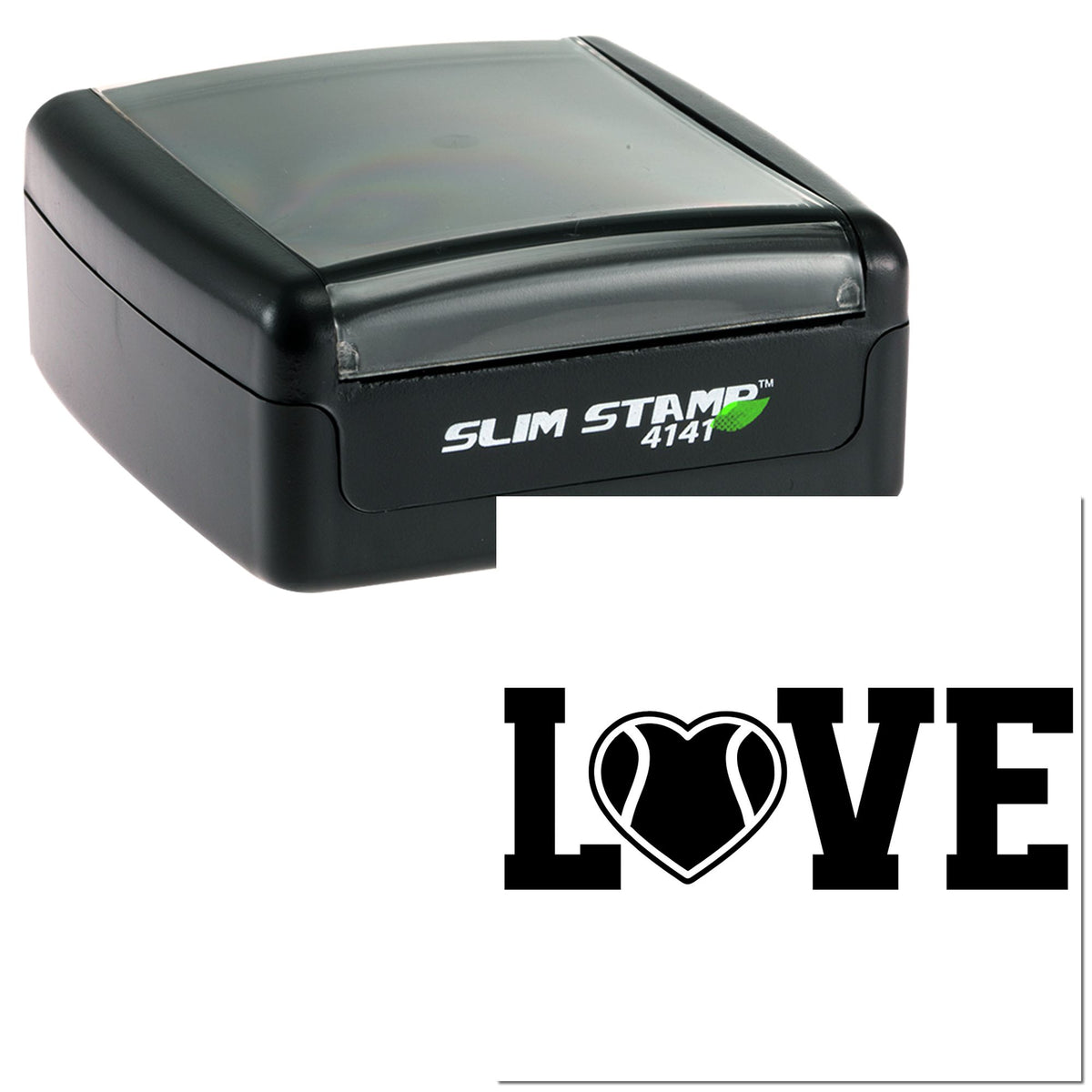 Black and gray Slim Stamp self-inking stamp and seal with LOVE heart design on white background.