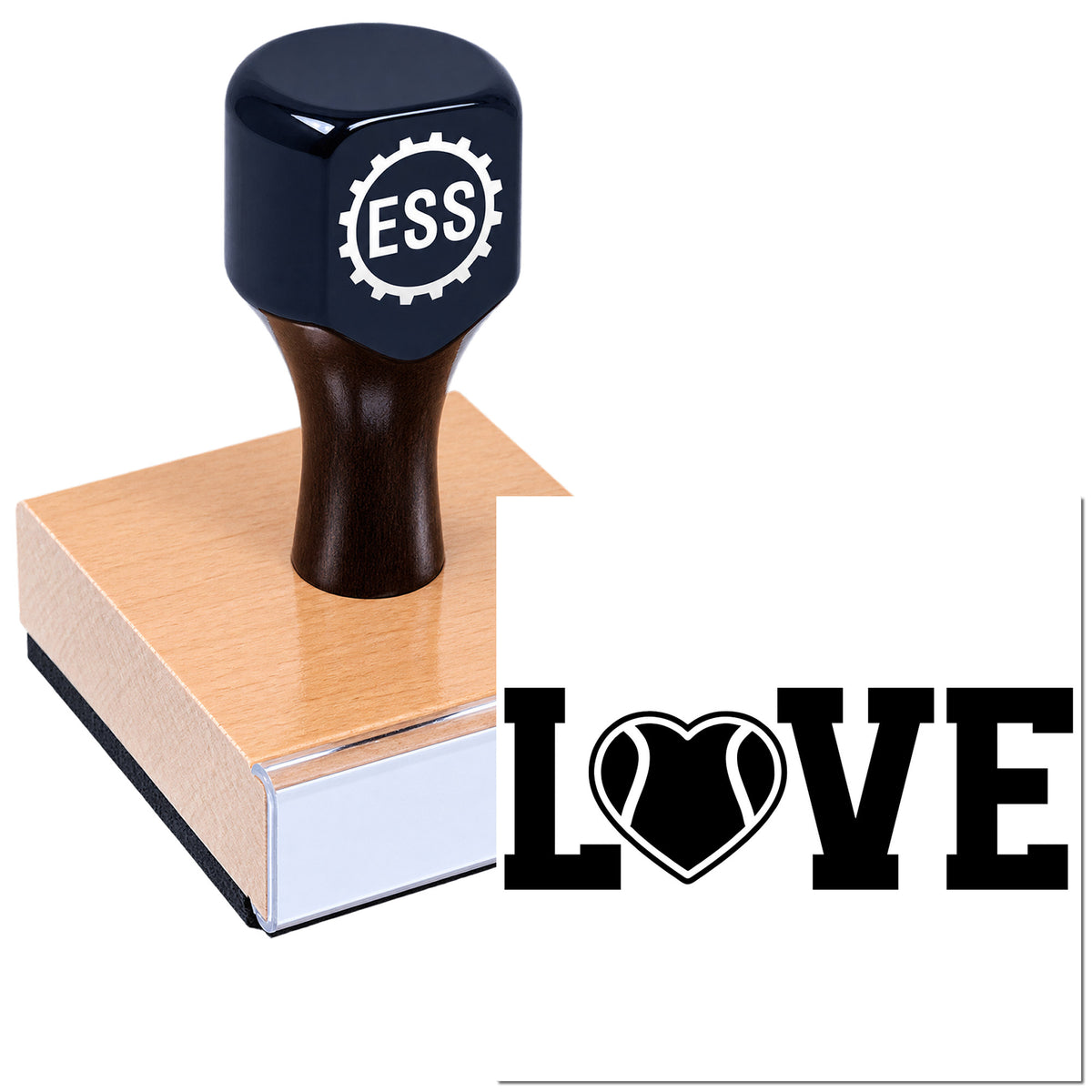 Dark blue ESS rubber stamp on pink wood block beside black LOVE heart seal design.