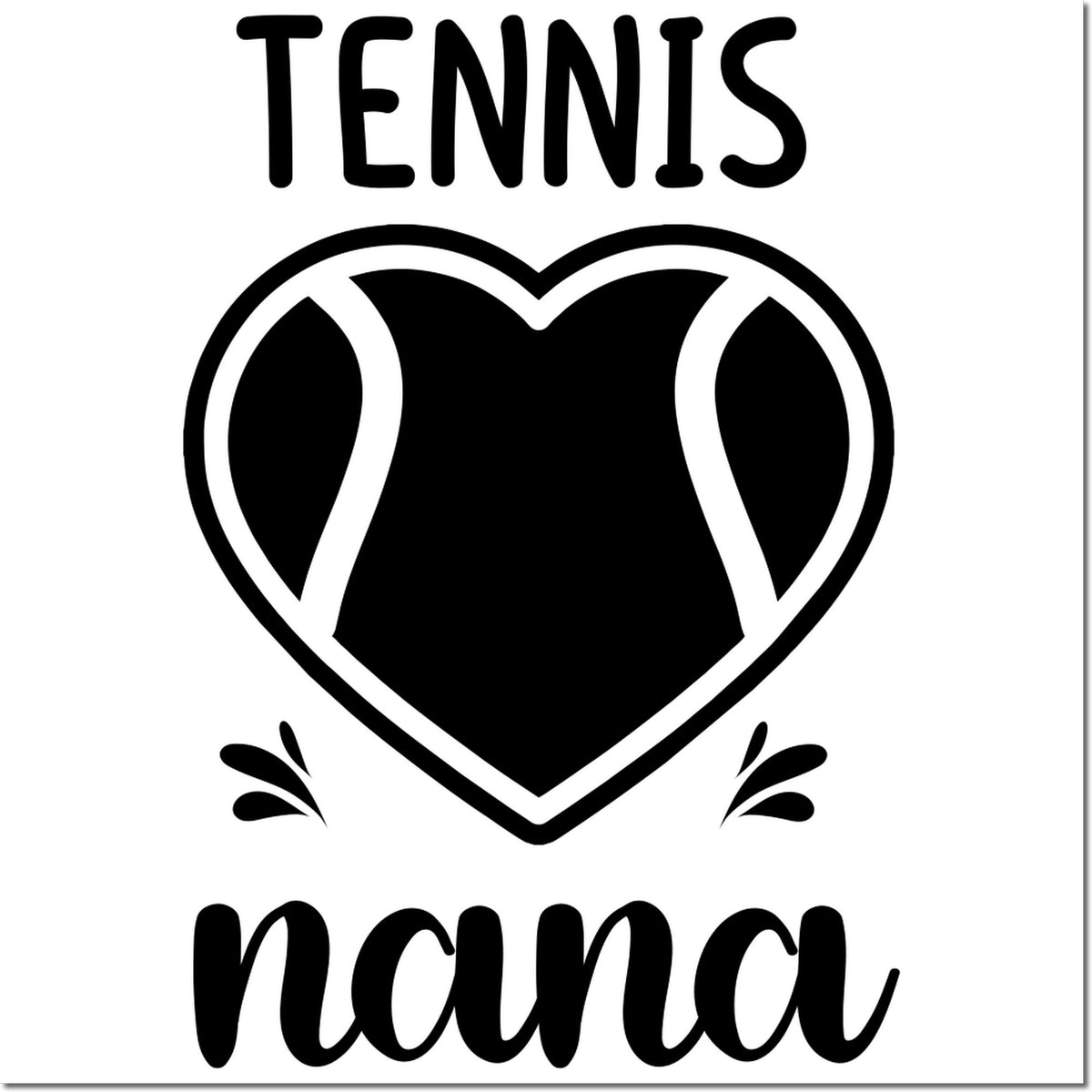 Black and white tennis nana stamp seal with heart-shaped tennis graphic and bold lettering.