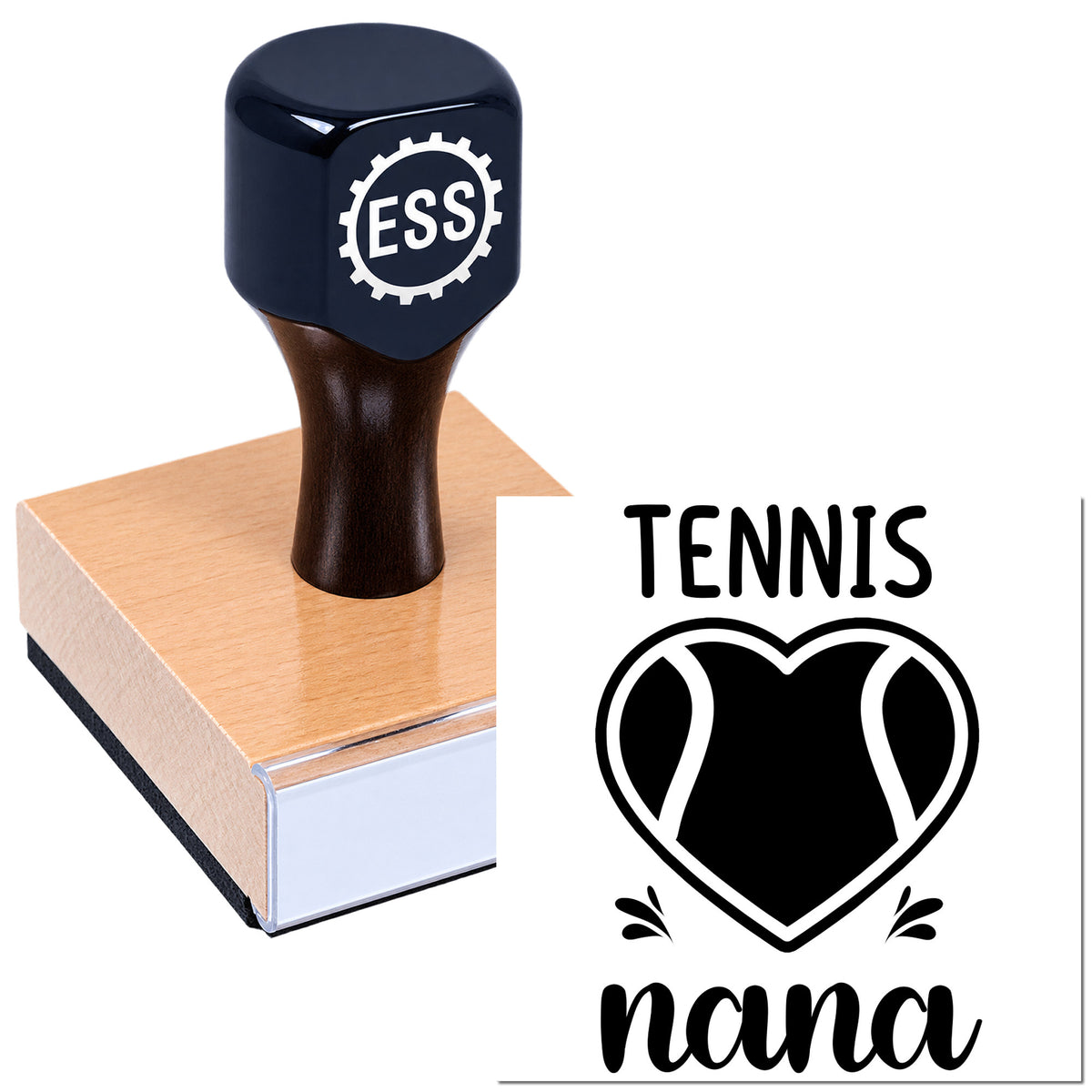 Black ESS rubber stamp on peach seal pad beside Tennis Nana heart logo on white background
