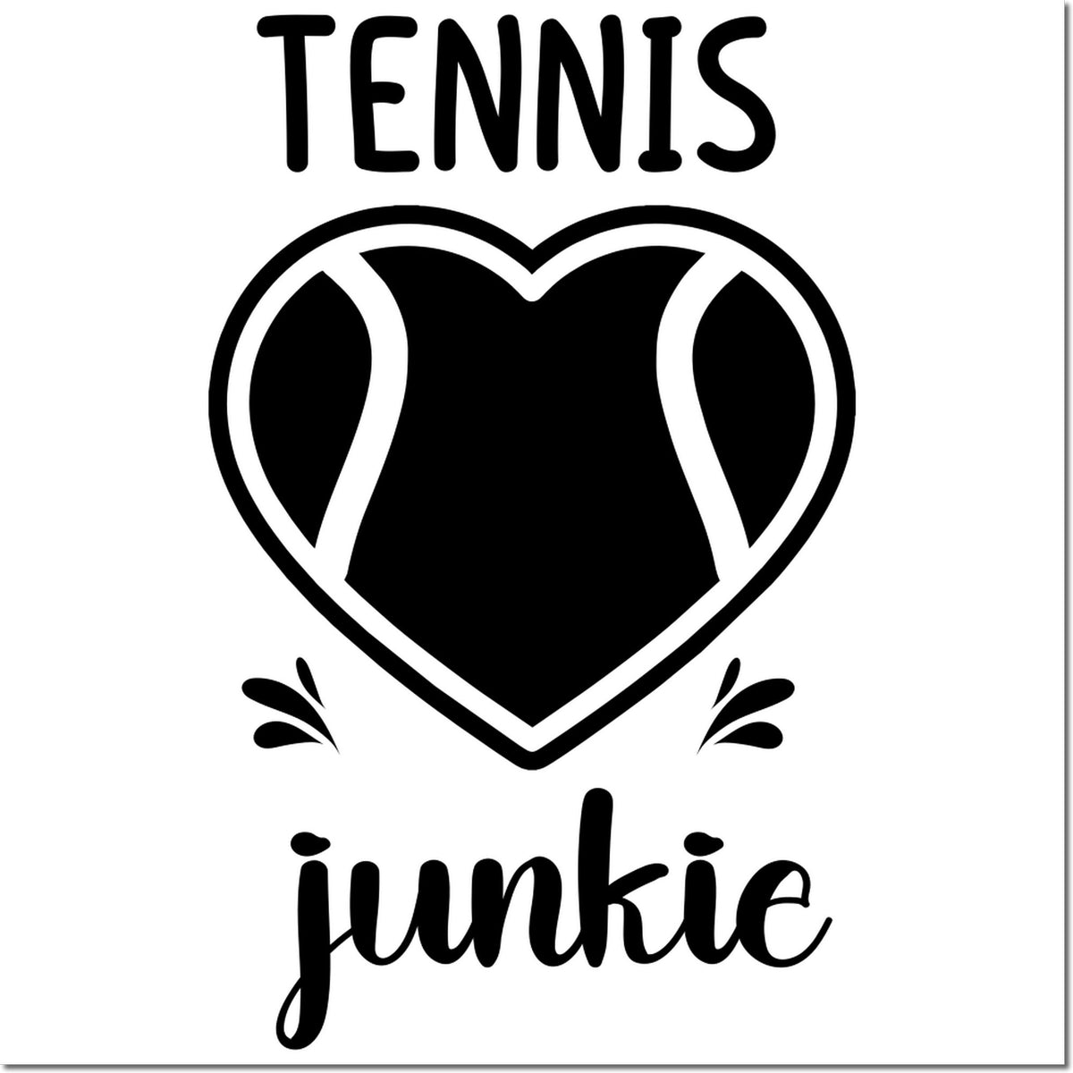 Black tennis junkie stamp and seal design with a heart-shaped tennis ball graphic in black on a white background.