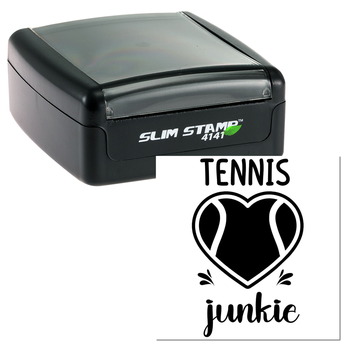 Black Slim Stamp 4141 and custom seal design on white card with black heart logo and Tennis junkie text.