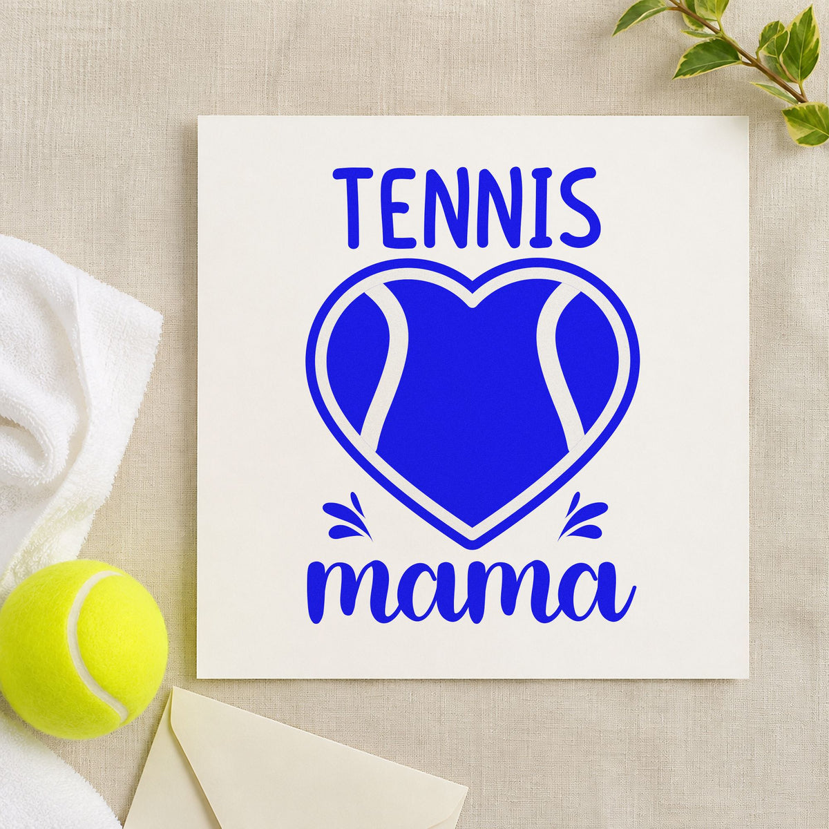 Tennis Mama Heart Ball craft stamp in blue ink on cardstock, an easy option for laundry bag printing.