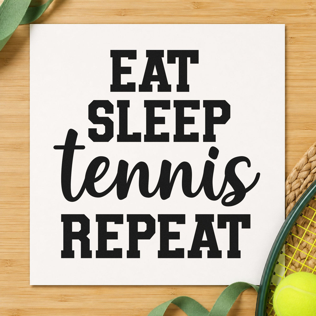 Eat Sleep Tennis Repeat craft stamp imprint in black ink on a handmade project, one idea being term issue tags.