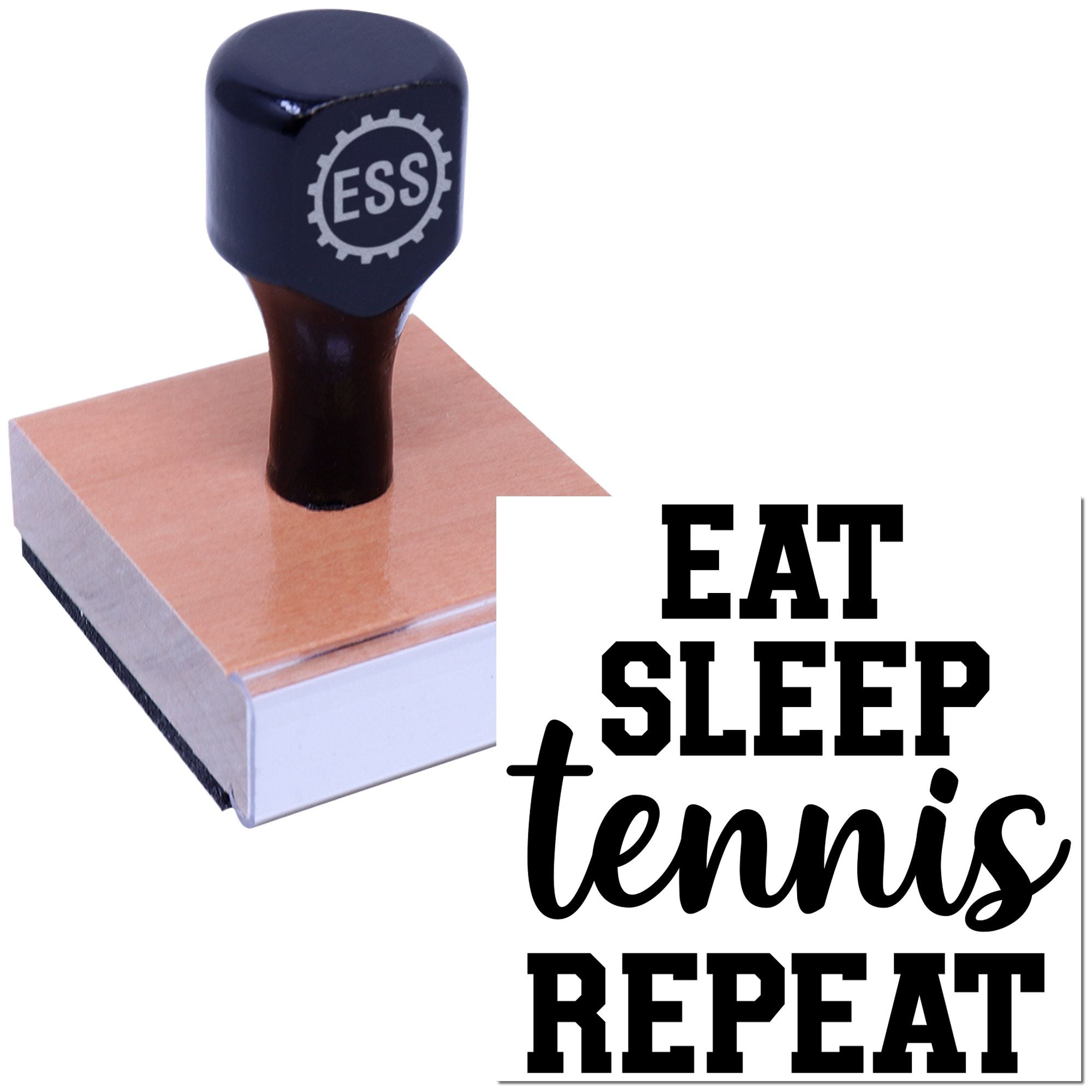 Black ESS rubber stamp and seal on a pink base, with bold black Eat Sleep Tennis Repeat text.
