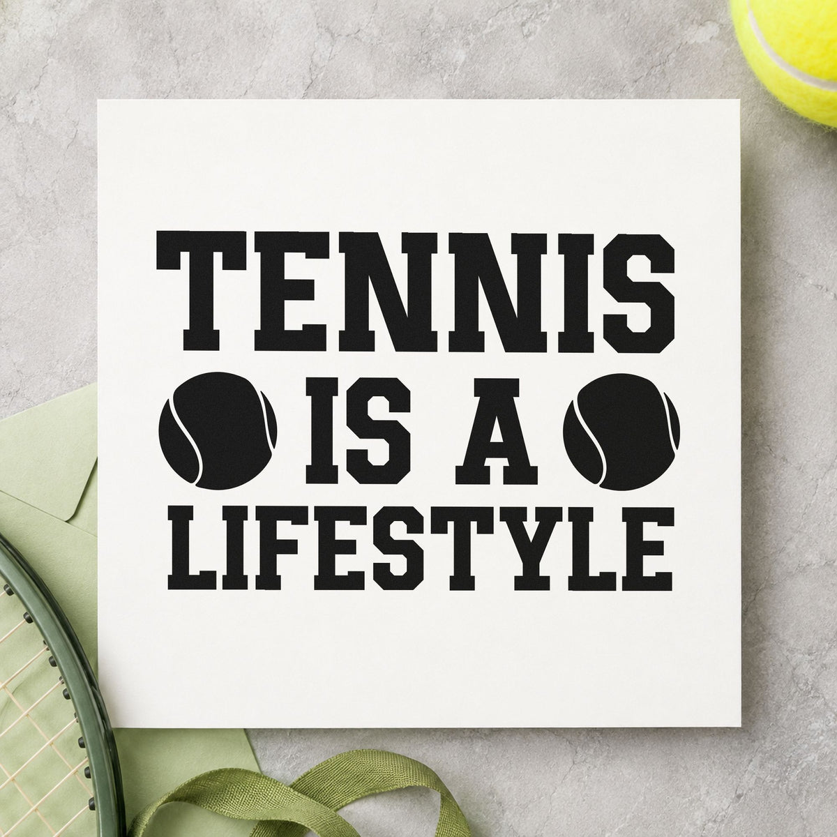 Tennis Is A Lifestyle craft stamp in black ink on cardstock, an easy option for daily doubles album page.