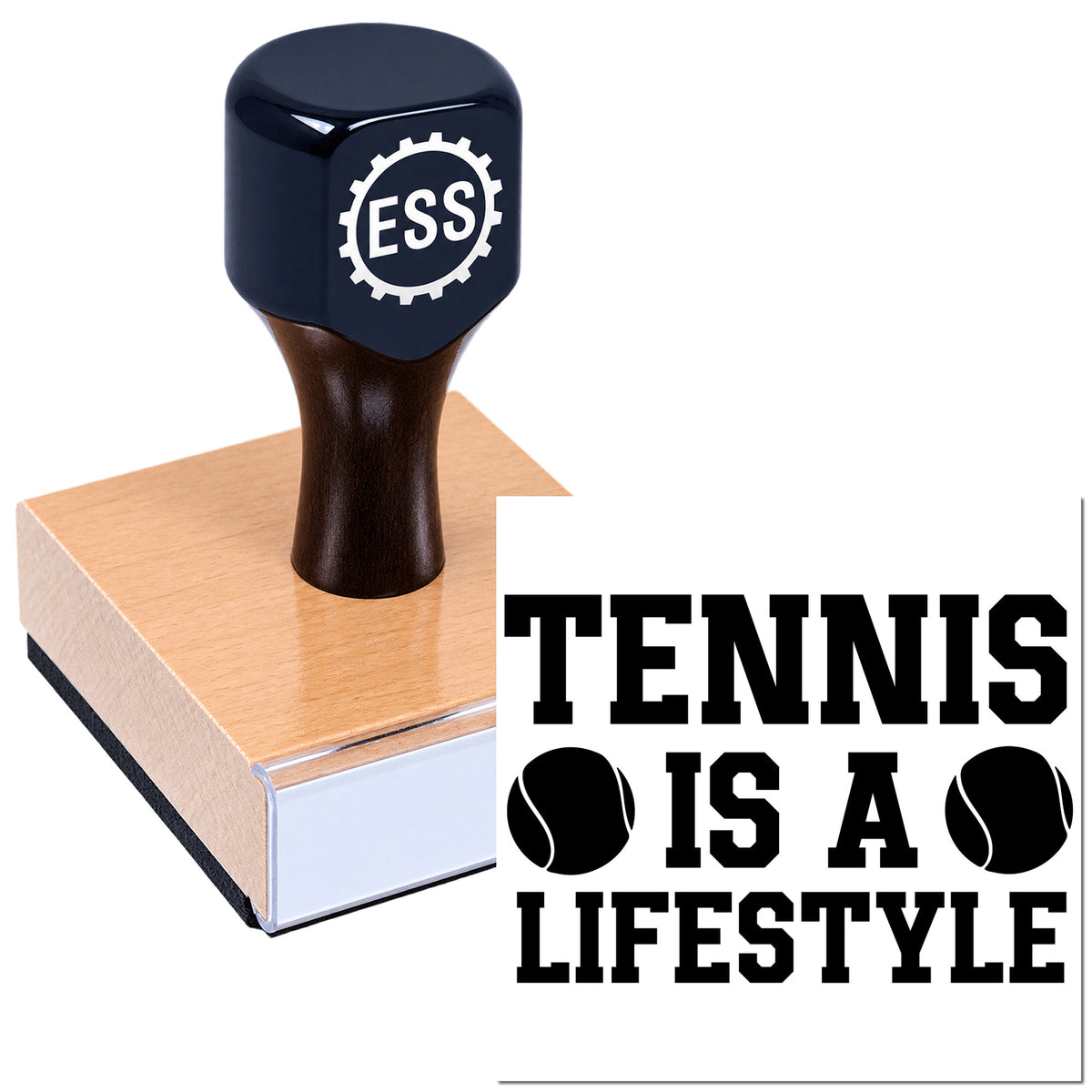 Dark navy ESS custom stamp and seal on wood block with black "TENNIS IS A LIFESTYLE" design and tennis balls.