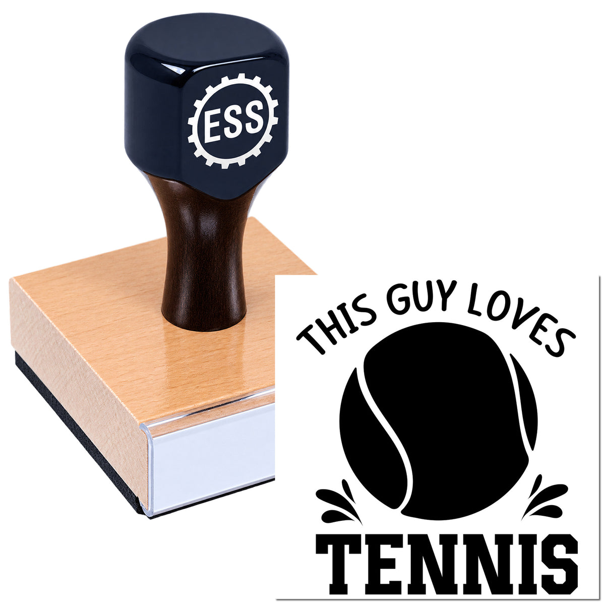 Black ESS stamp seal on wooden block, with white tennis logo and "This Guy Loves Tennis" text