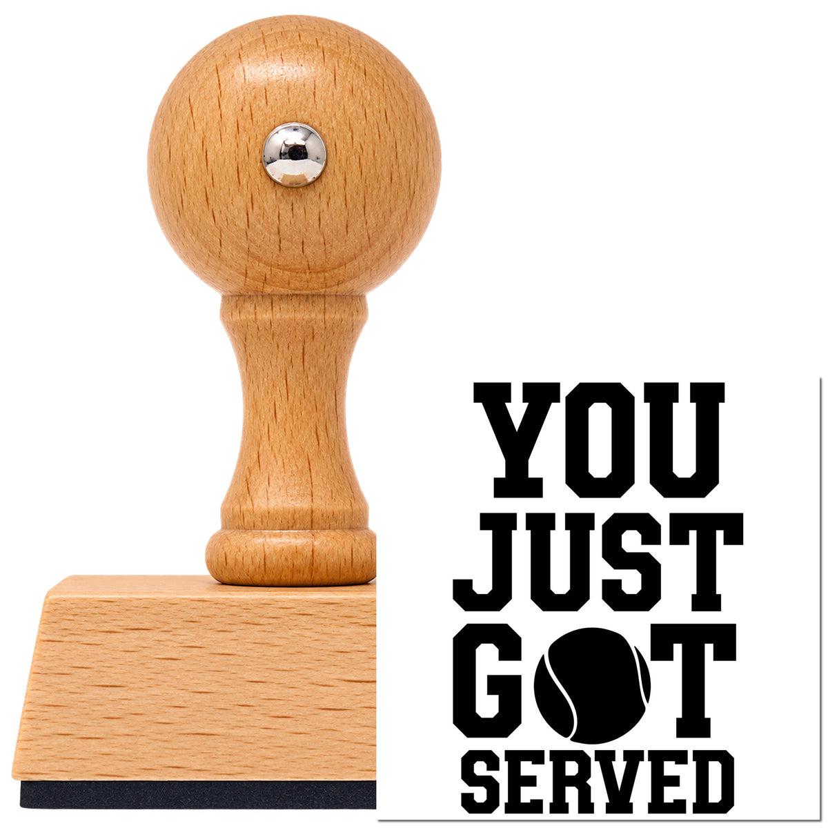 Vintage Pro beech wood stamp with a round knob handle, shown with its black You Just Got Served imprint on white.