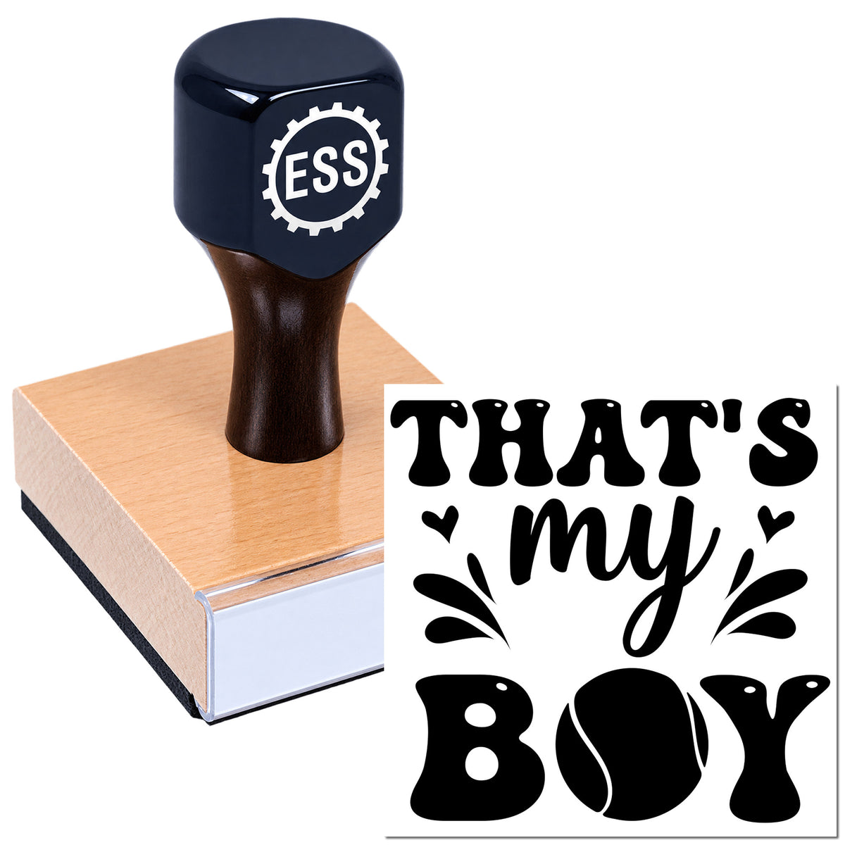 Dark blue ESS stamp and seal with copper block, plus black decorative "THAT'S my BOY" seal design on white.