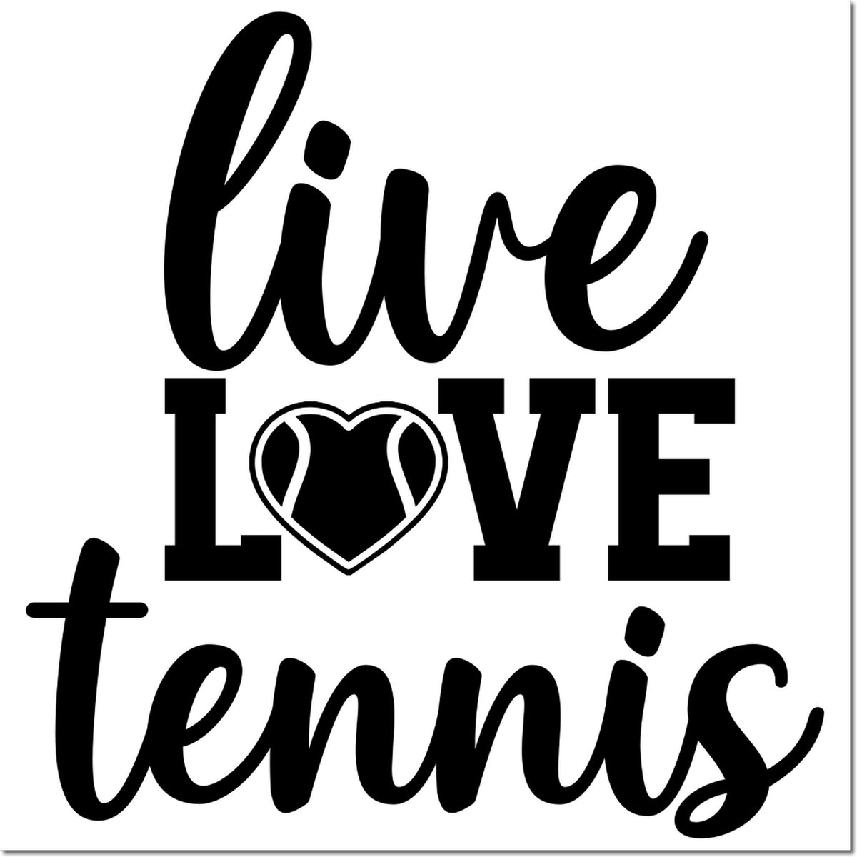 Black live love tennis stamp and seal design with heart-shaped O, bold script and block lettering on white background.