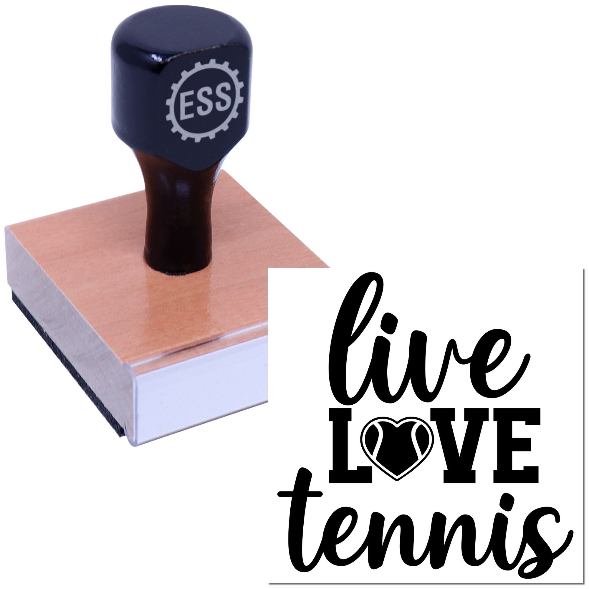 Black ESSI rubber stamp and seal with tan wooden base and live LOVE tennis design in black on white.