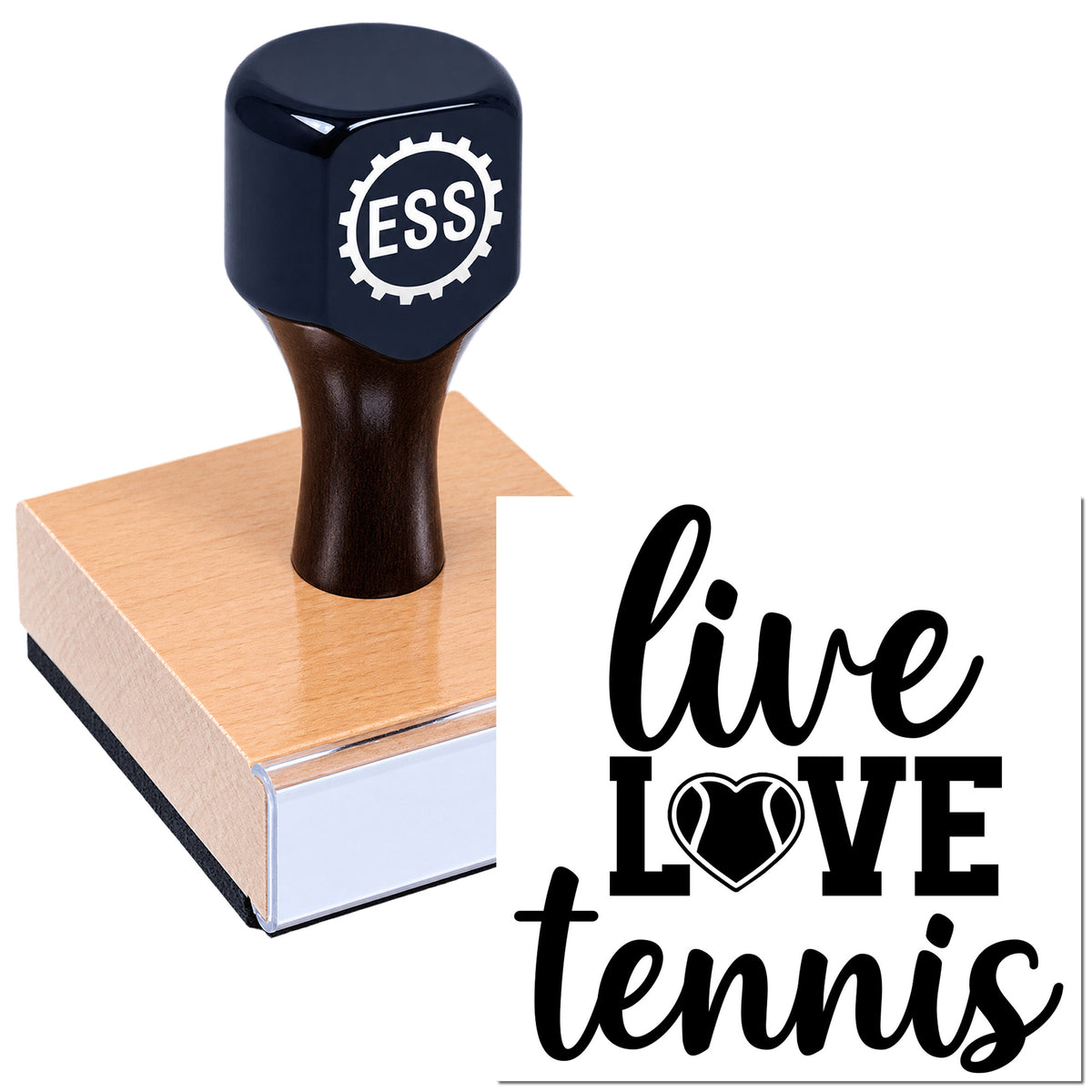 Black ESSI rubber stamp and seal with tan wooden base and "live LOVE tennis" design in black on white.