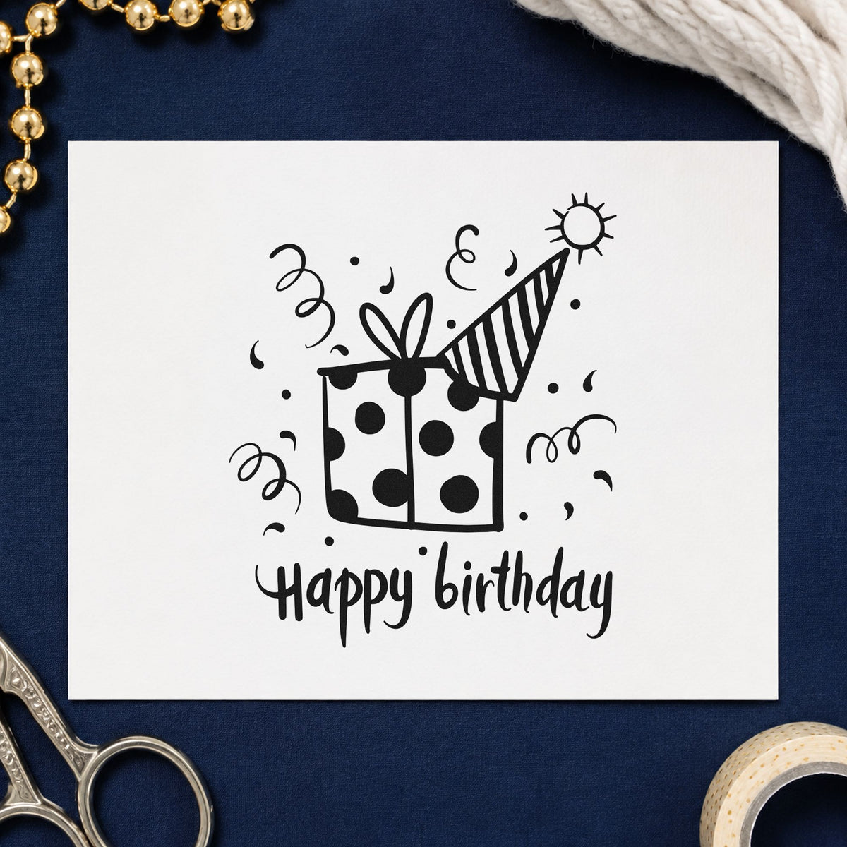 Birthday Gift Party Hat rubber stamp printed in black ink, ready for party run sheet and similar paper crafts.