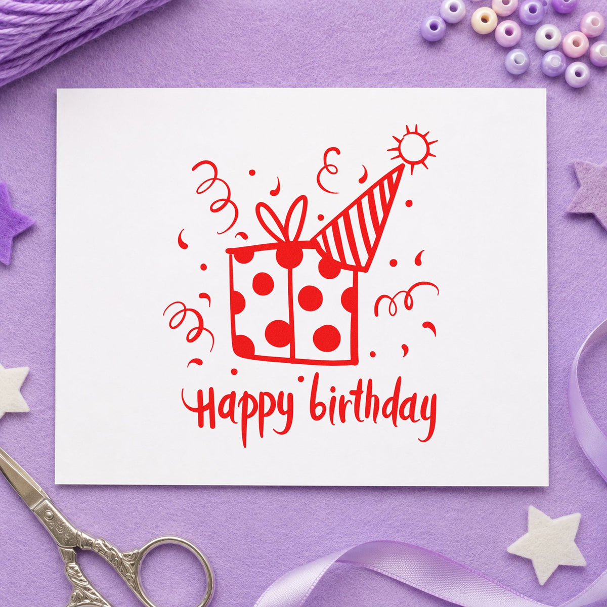 Birthday Gift Party Hat rubber stamp shown in red ink, stamped for projects such as bin game labels.