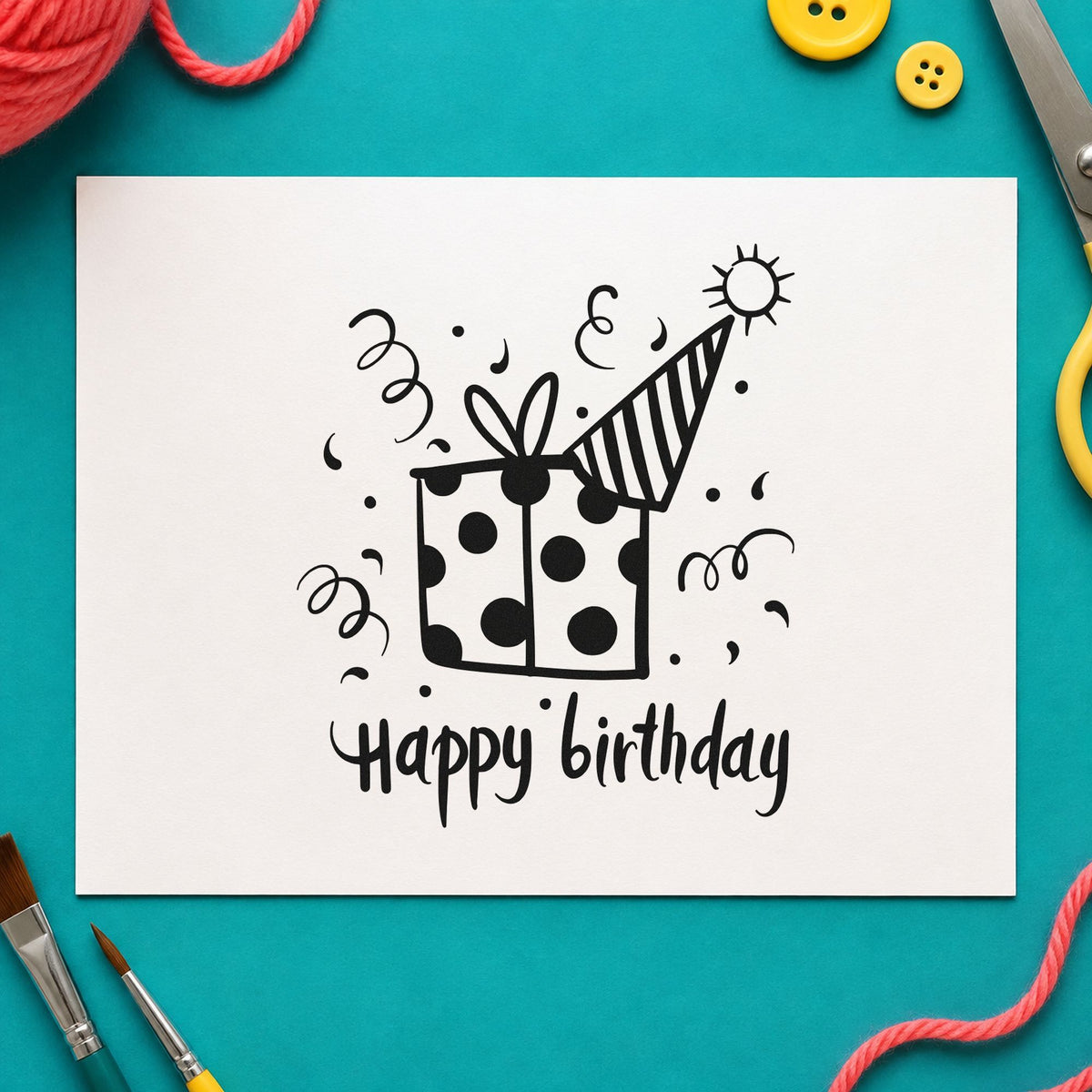 Birthday Gift Party Hat rubber stamp printed in black ink, ready for streamer hat cards and similar paper crafts.