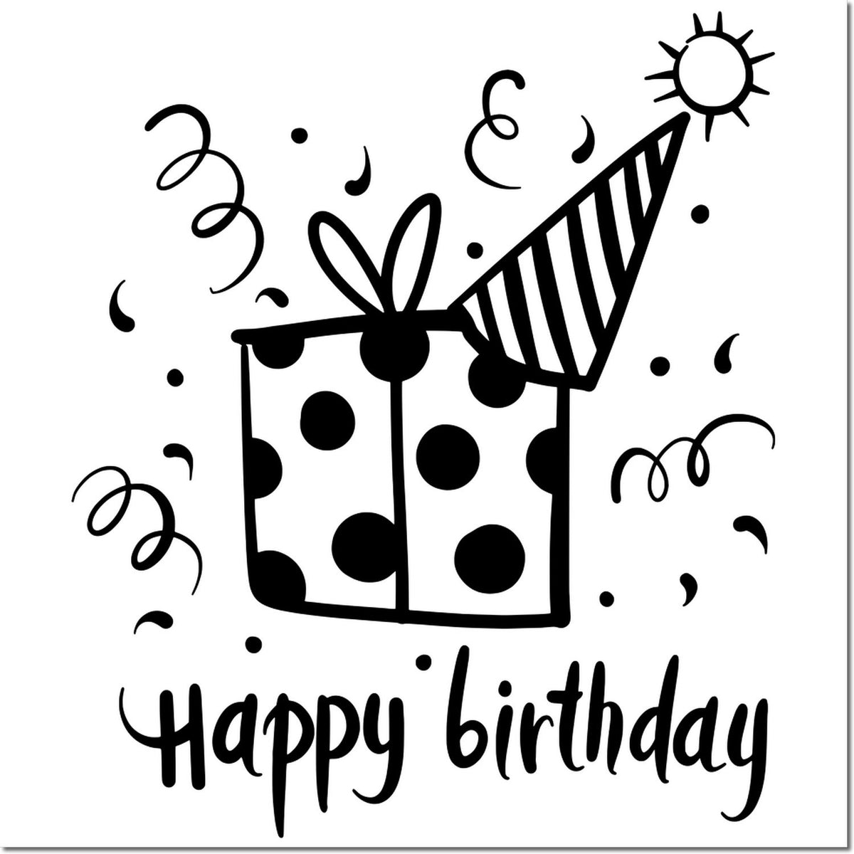 Black-and-white birthday stamp and seal design with a polka-dot gift box, striped party hat lid, confetti, and Happy birthday text.