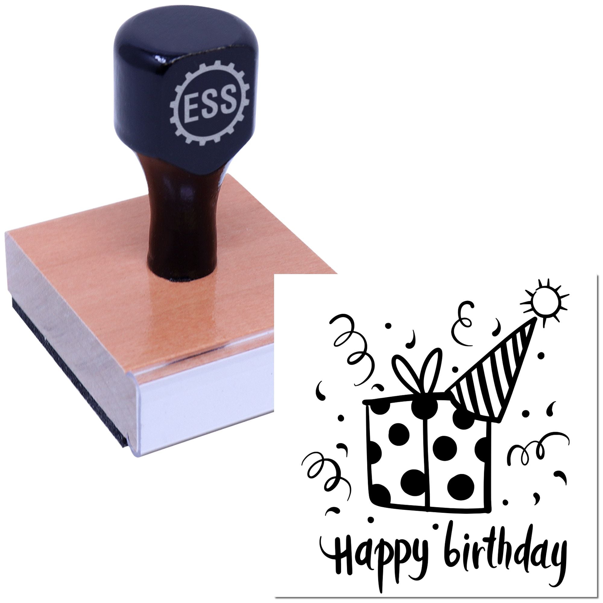 Black ESS rubber stamp on peach wood block, with birthday gift seal design preview.
