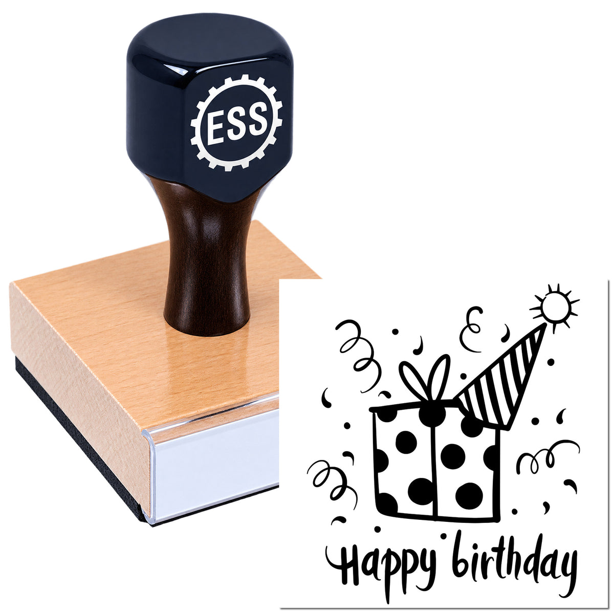 Black ESS rubber stamp on peach wood block, with birthday gift seal design preview.