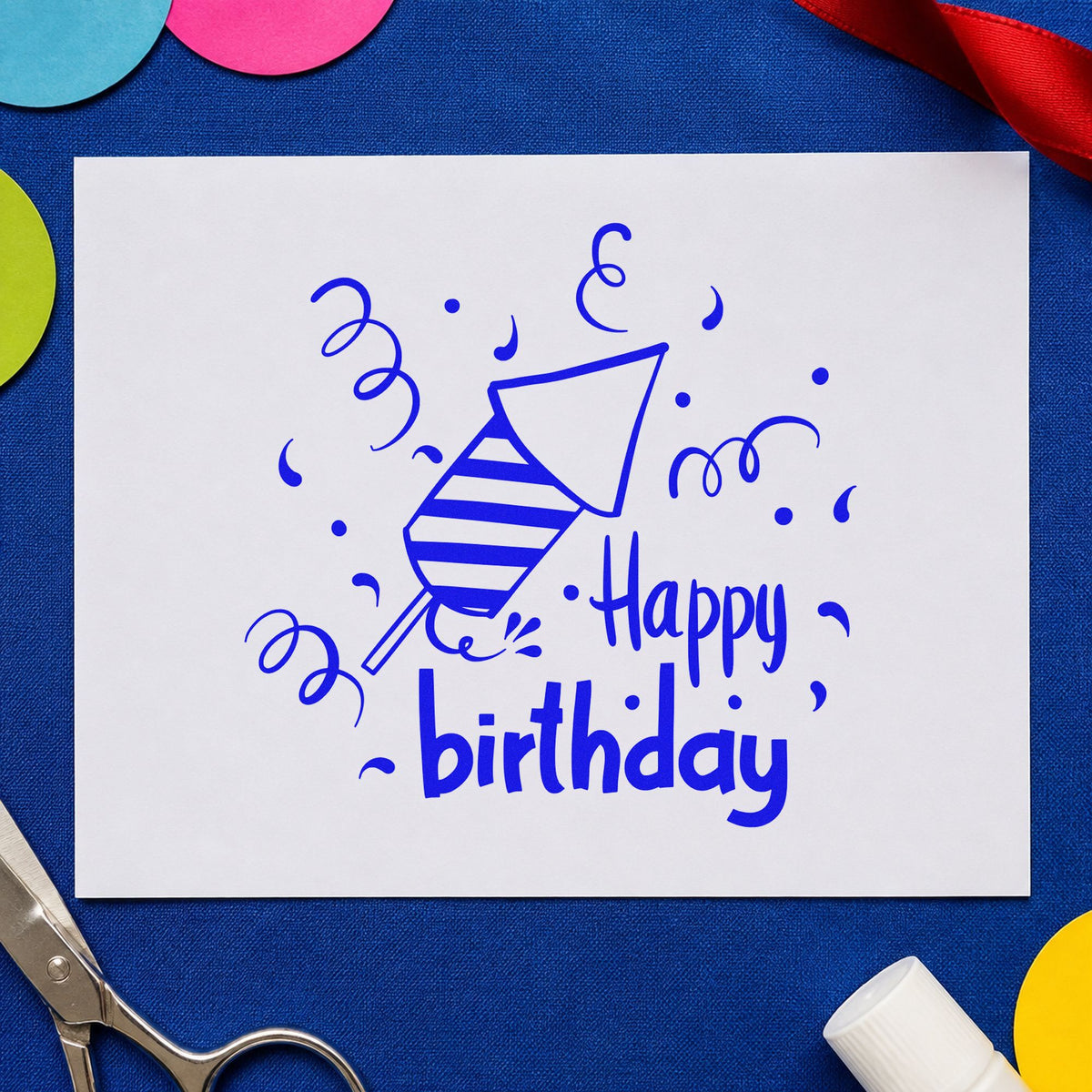 Birthday Party Horn Confetti craft stamp in blue ink on cardstock, an easy option for table runner printing.