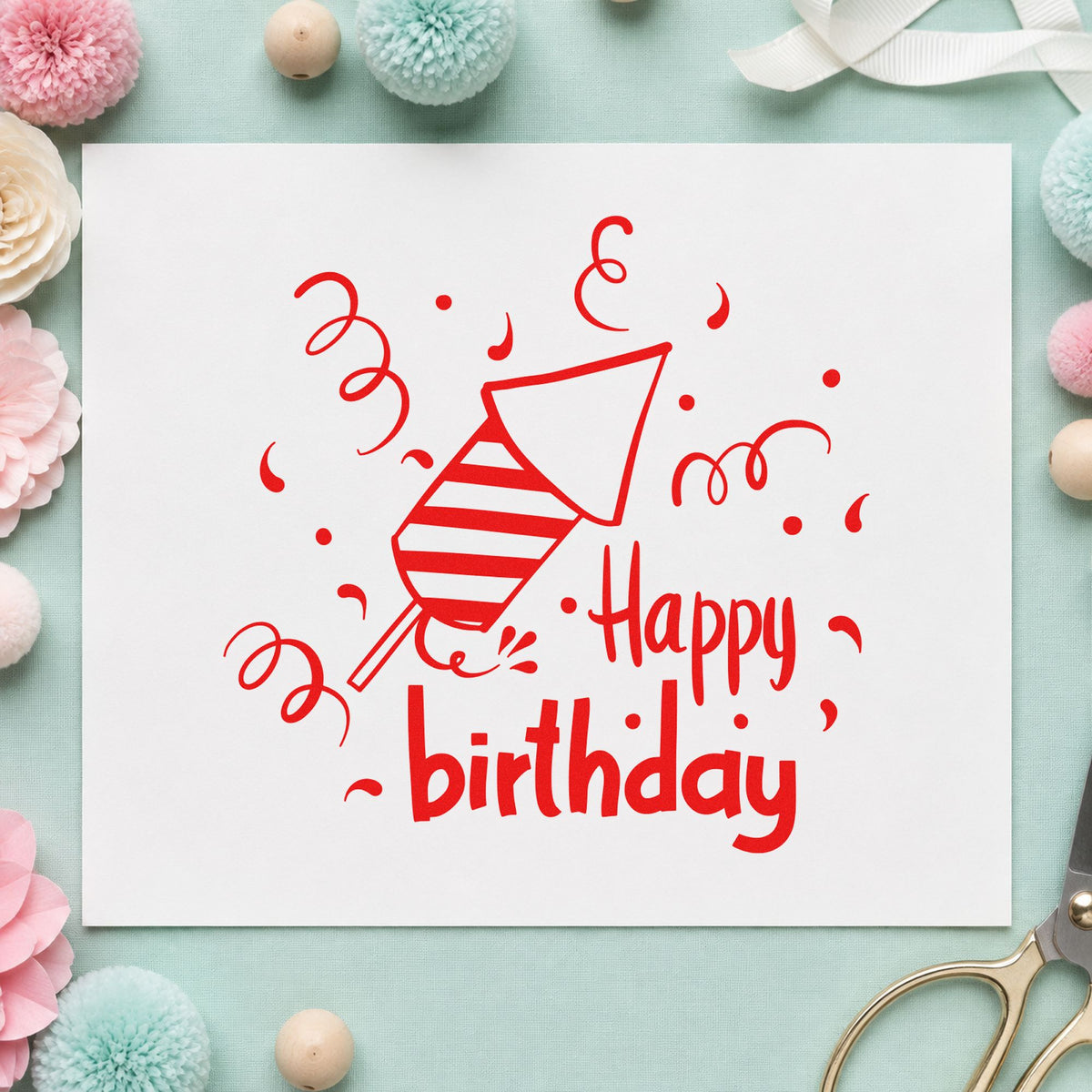 Birthday Party Horn Confetti craft stamp imprint in red ink on a handmade project, one idea being memory slip cards.