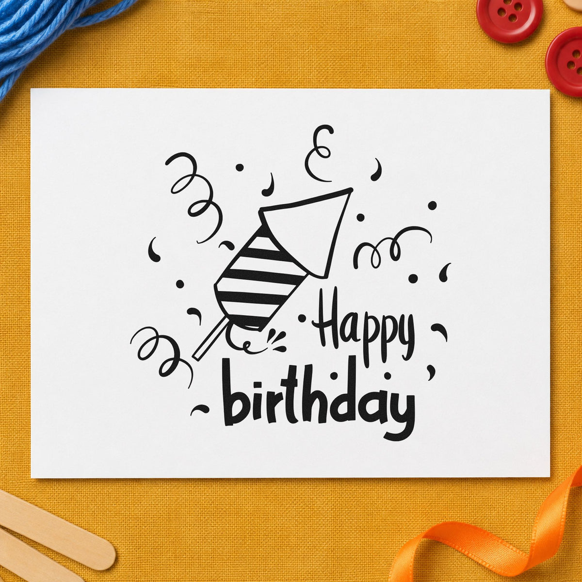 Birthday Party Horn Confetti rubber stamp printed in black ink, ready for curling streamer cards and similar paper crafts.