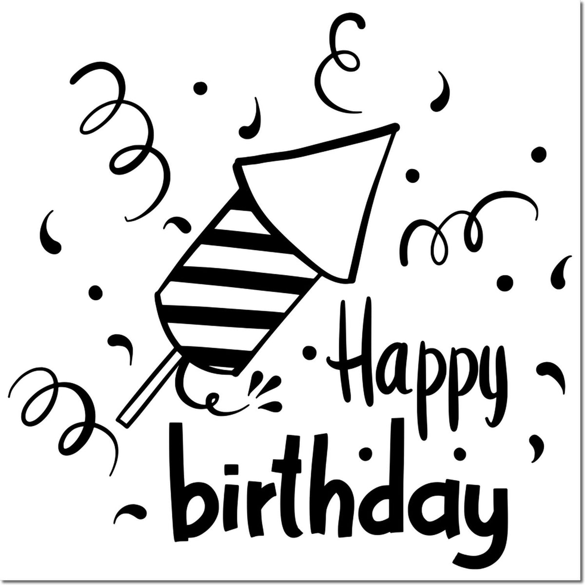 Black birthday stamp seal with party popper, confetti, and bold Happy birthday text.