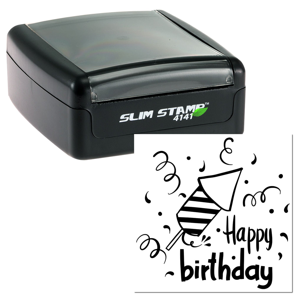 Black Slim Stamp 4141 self-inking stamp with gray cover and birthday seal impression reading Happy birthday.