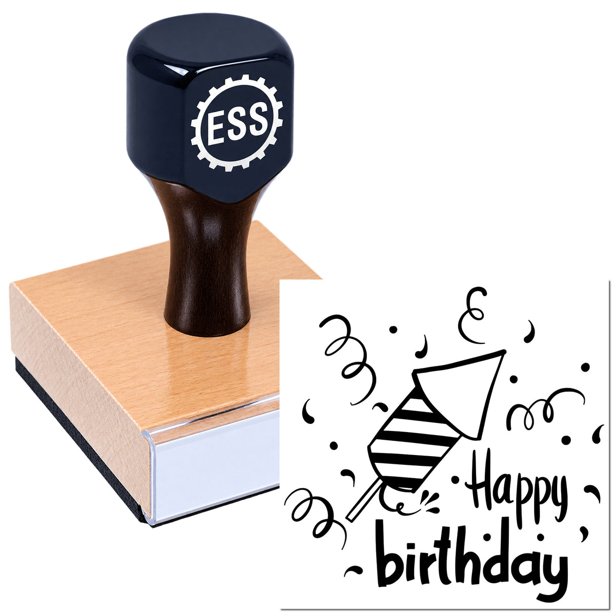 Black ESS rubber stamp with wooden base and birthday seal design on white background.