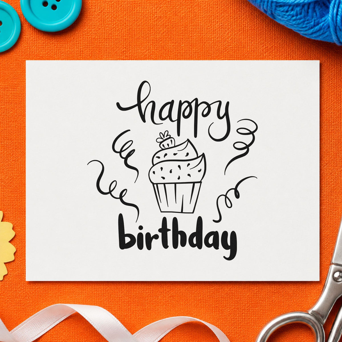 Happy Birthday Cupcake Streamers craft stamp in black ink on cardstock, an easy option for bakery order album page.