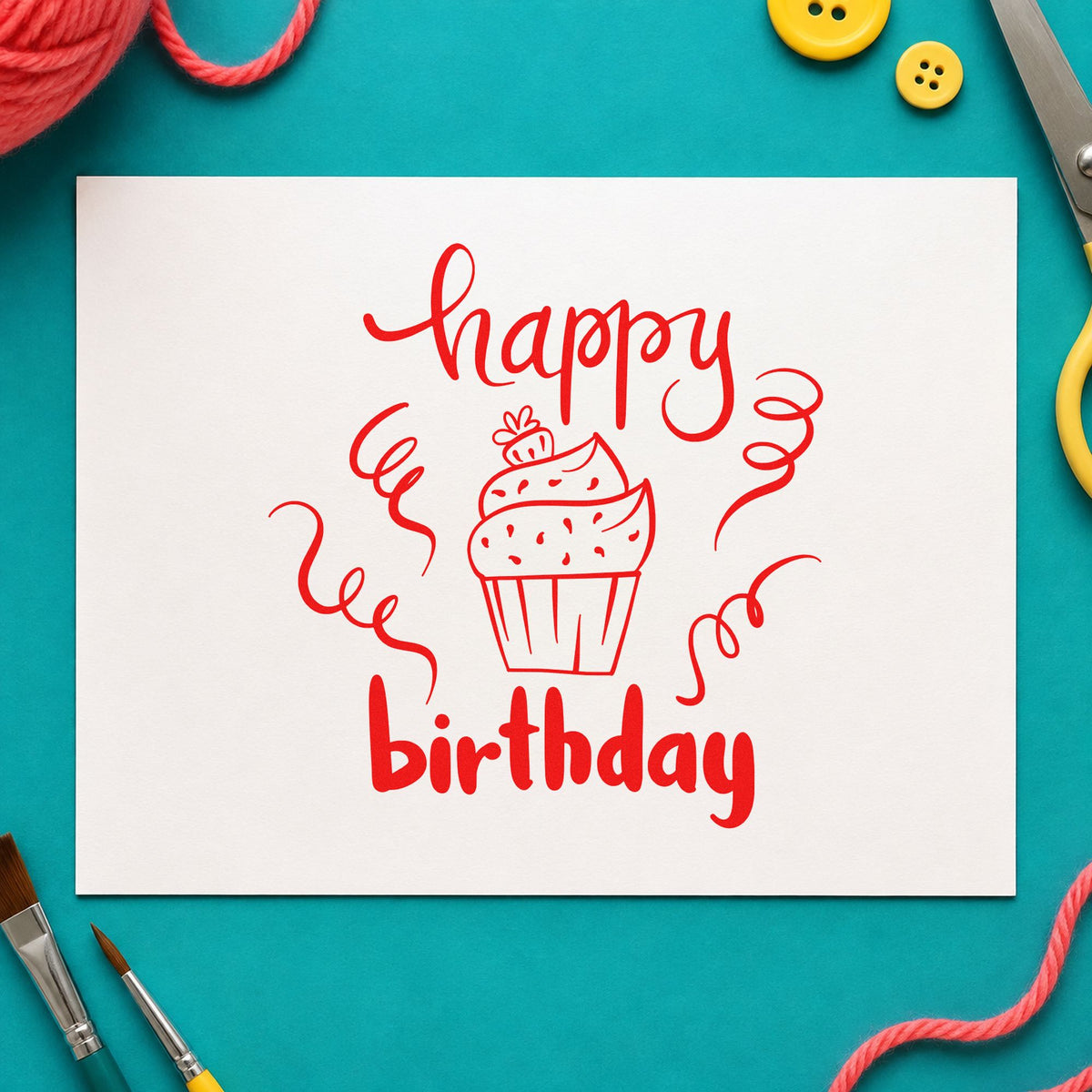 Happy Birthday Cupcake Streamers rubber stamp shown in red ink, stamped for projects such as bin flavor labels.