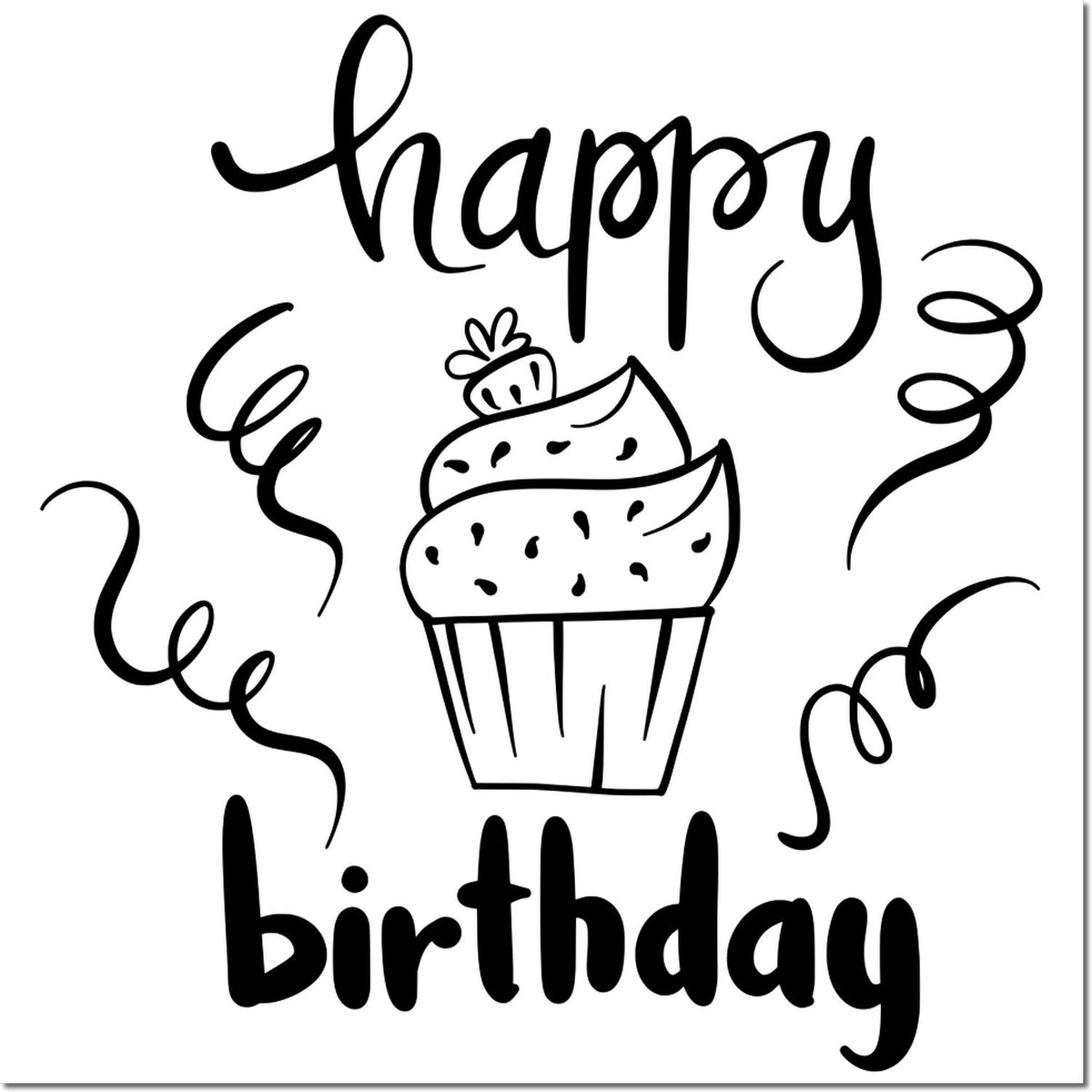 Black happy birthday stamp with cupcake and confetti swirls on white background for seal products.