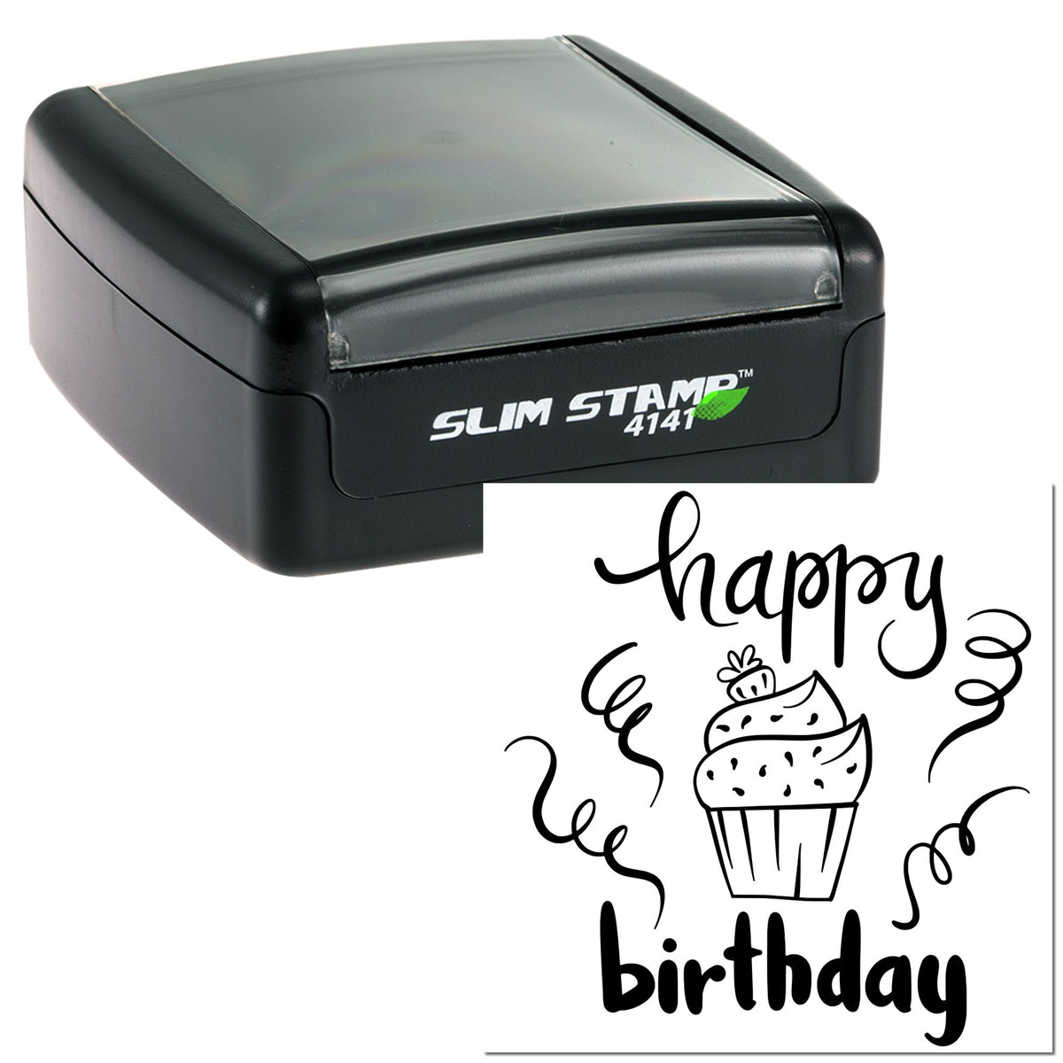 Black Slim Stamp 4141 self-inking stamp with a birthday seal design featuring a cupcake and happy birthday text.