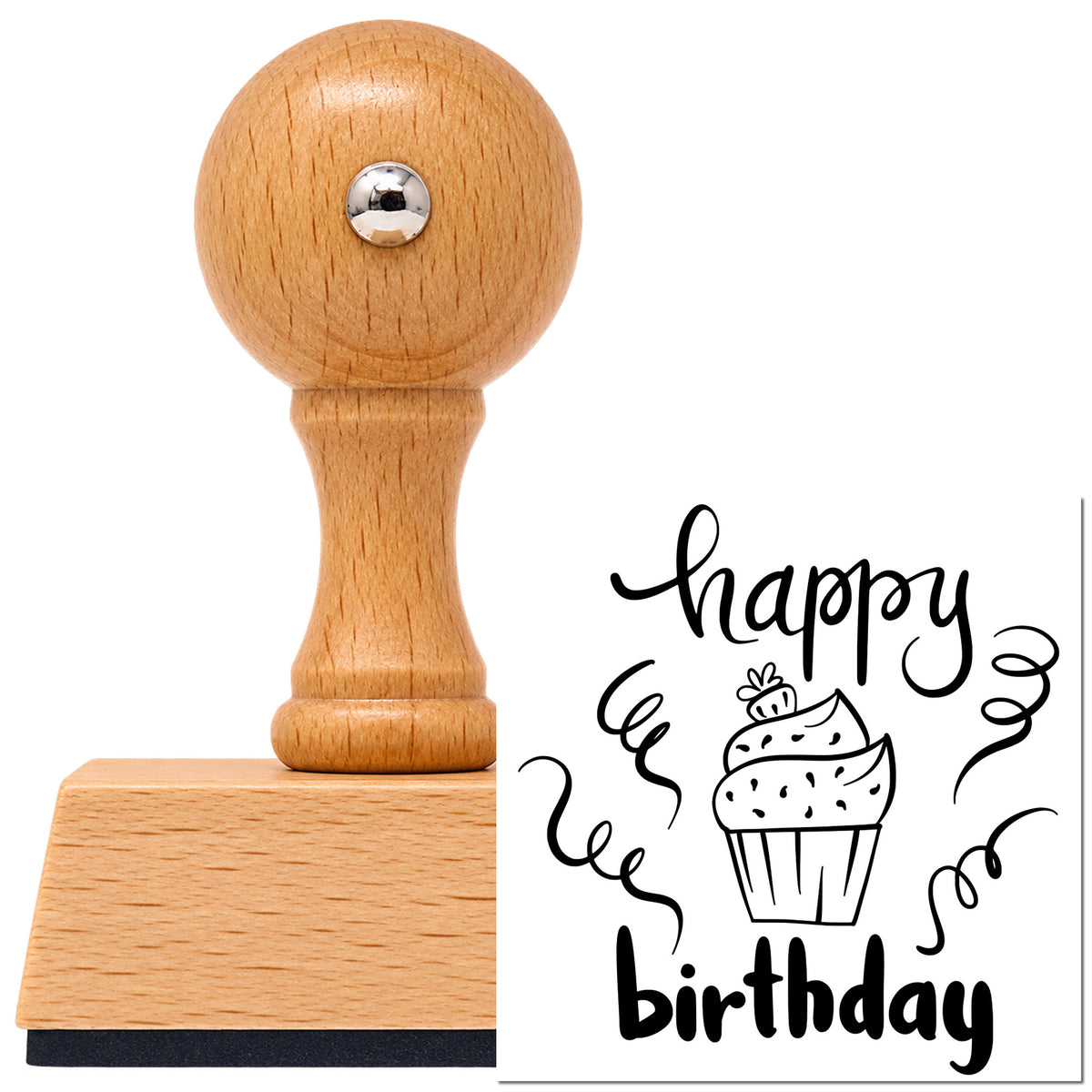 Vintage Pro beech wood stamp with a round knob handle, shown with its black Frosted Cupcake Birthday Greeting imprint on white.