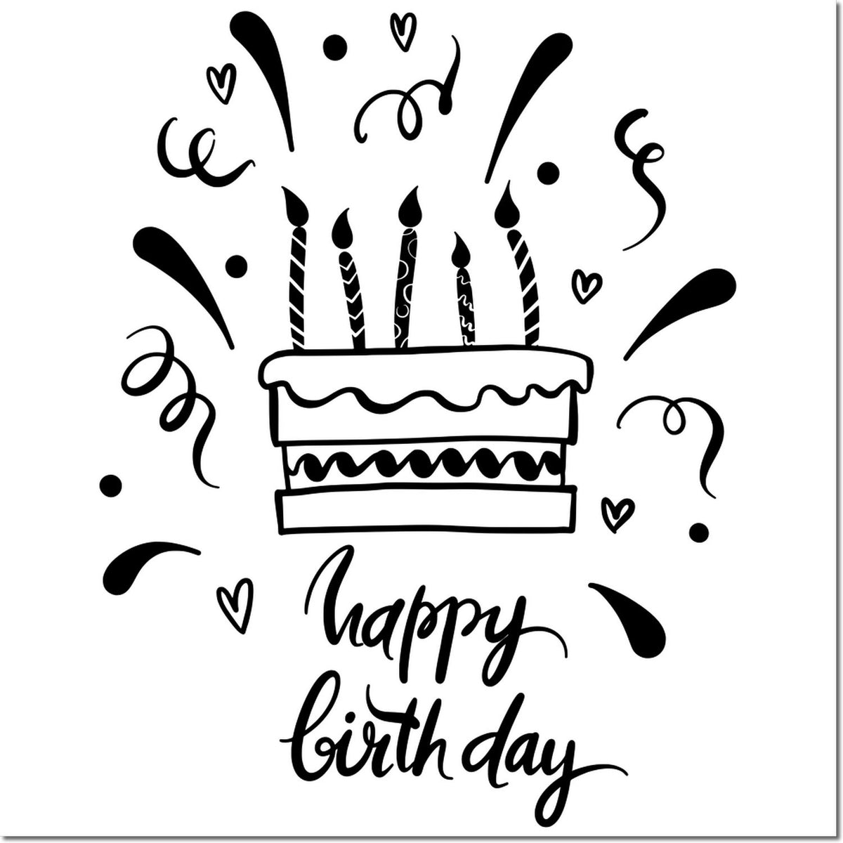 Black birthday stamp/seal design with cake, candles, confetti, hearts, and happy birthday lettering.