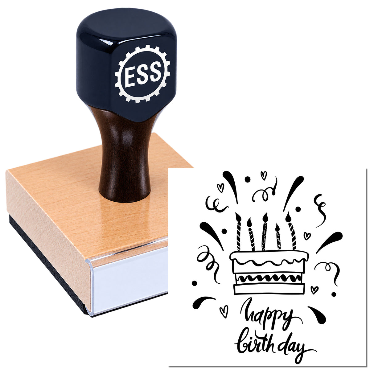 Black ESS self-inking stamp on a pink seal block, with birthday cake and "Happy Birthday" imprint design.