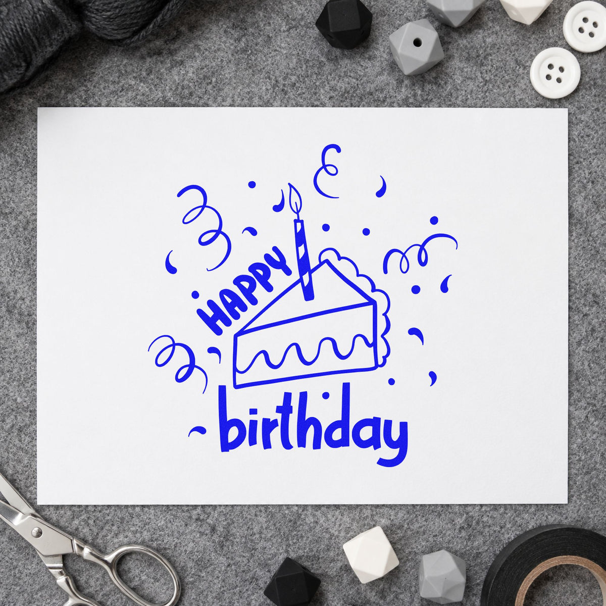 Birthday Cake Slice Candle craft stamp in blue ink on cardstock, an easy option for napkin set printing.