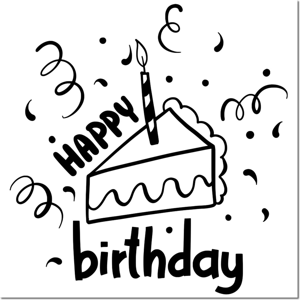 Black Happy Birthday stamp with cake slice, candle, and confetti on a white background