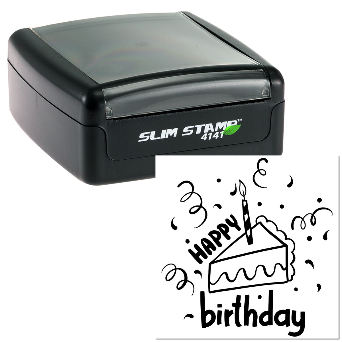 Black Slim Stamp 4141 self-inking stamp and seal with birthday cake design.