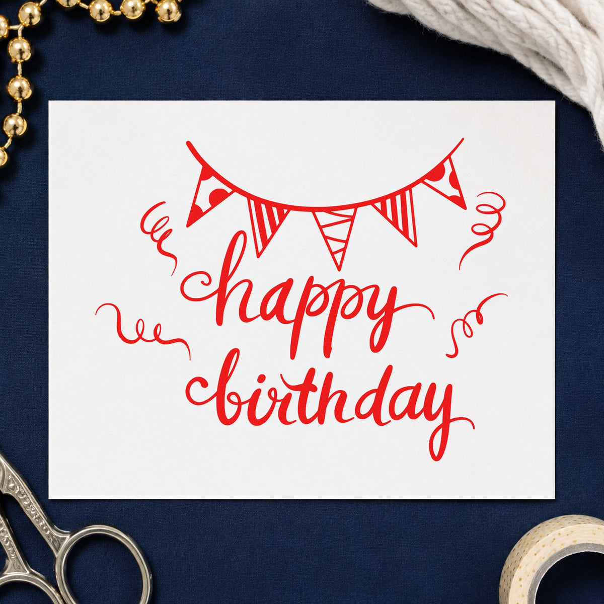 Birthday Bunting Streamer Script craft stamp imprint in red ink on a handmade project, one idea being guest wish cards.