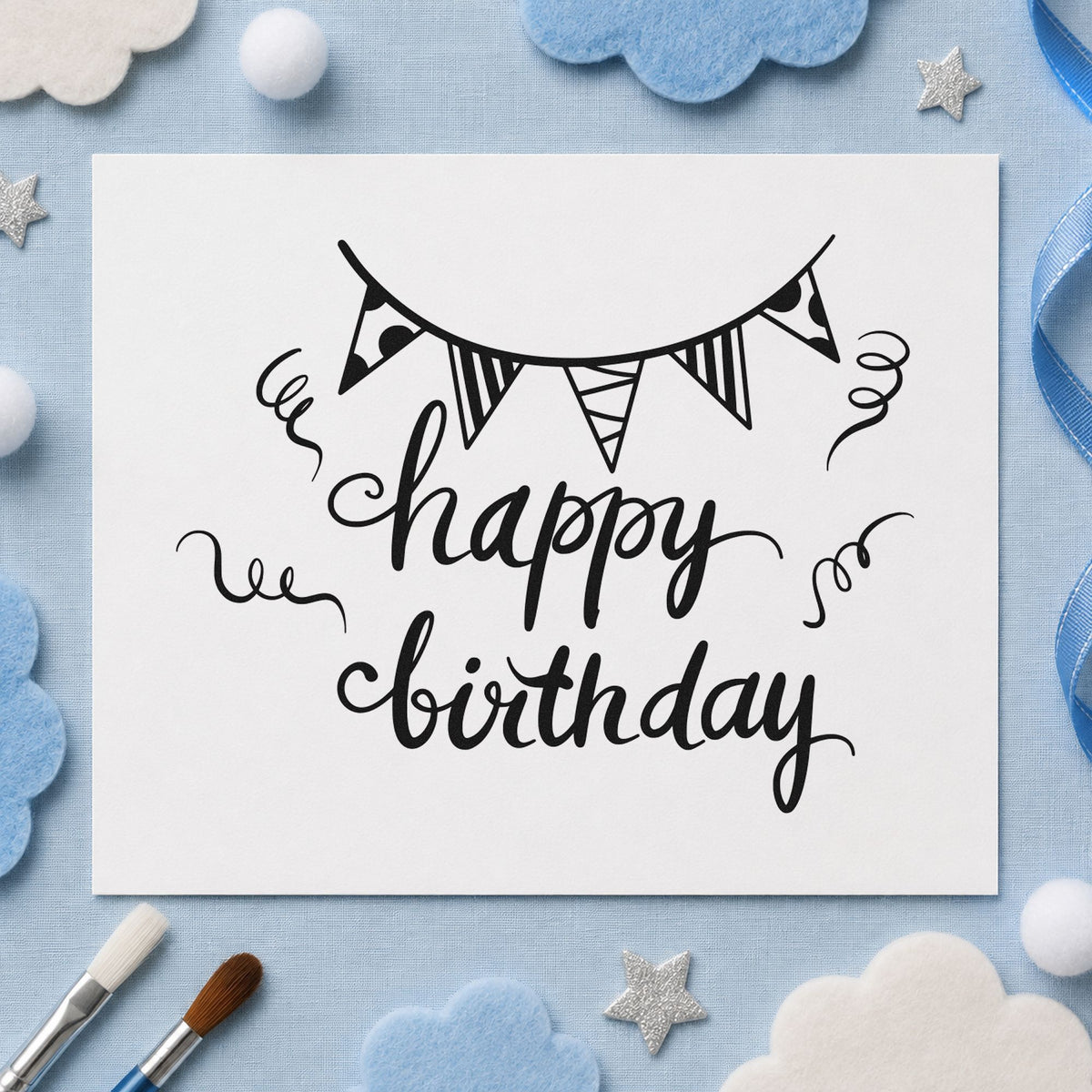 Birthday Bunting Streamer Script rubber stamp printed in black ink, ready for pennant bunting cards and similar paper crafts.
