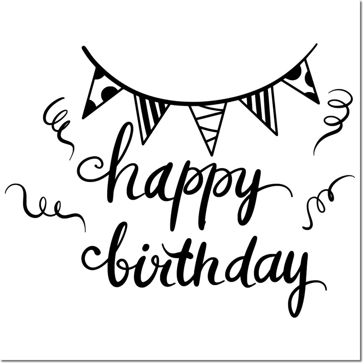 Black happy birthday stamp design with bunting flags and confetti on white, for seal and stamp products.