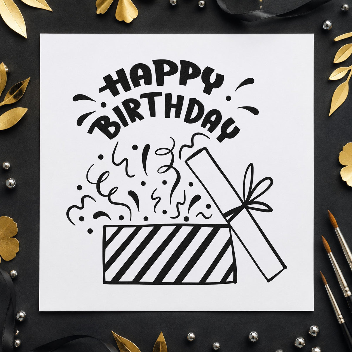 Birthday Open Gift Confetti rubber stamp printed in black ink, ready for gift plan sheet and similar paper crafts.