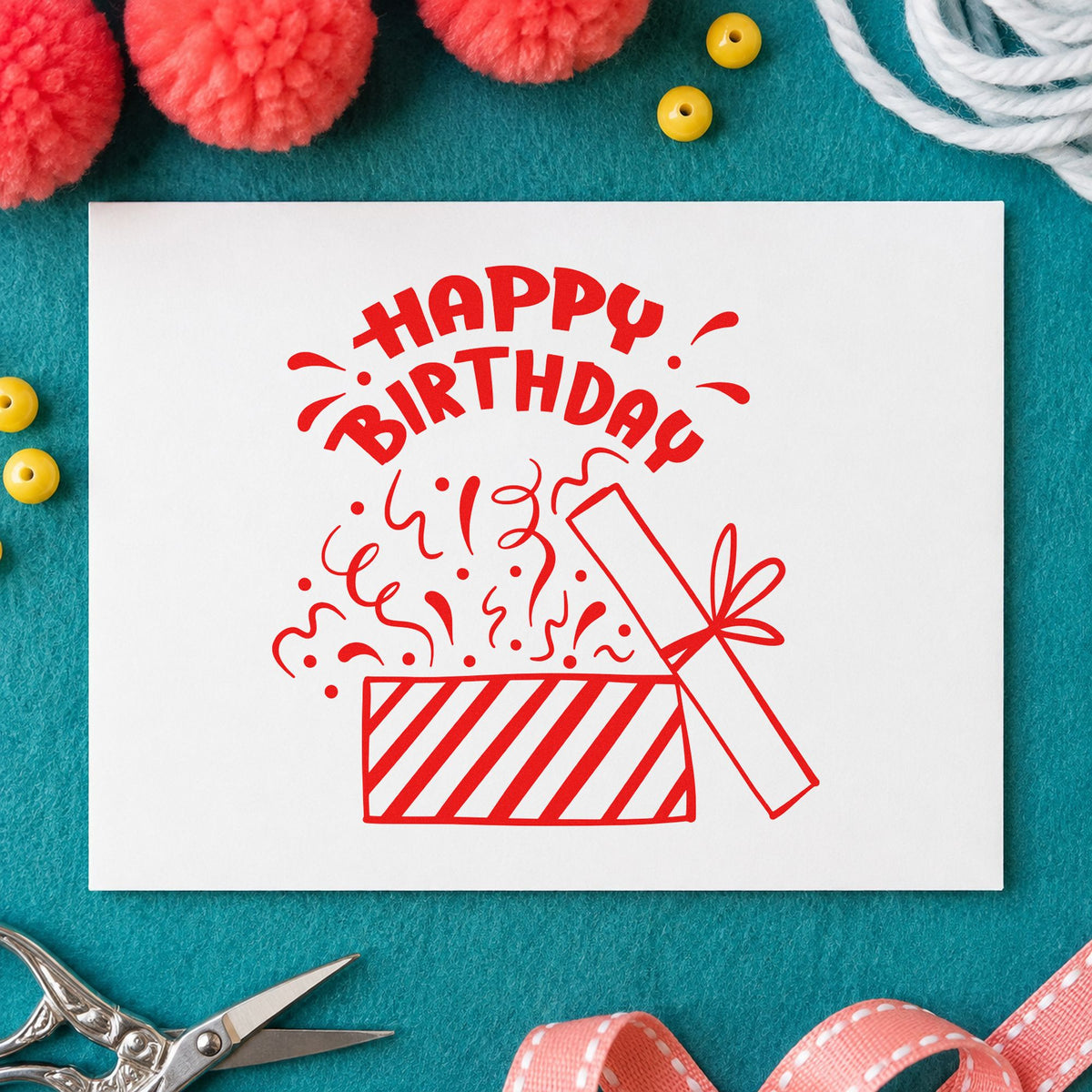 Birthday Open Gift Confetti rubber stamp shown in red ink, stamped for projects such as bin paper labels.