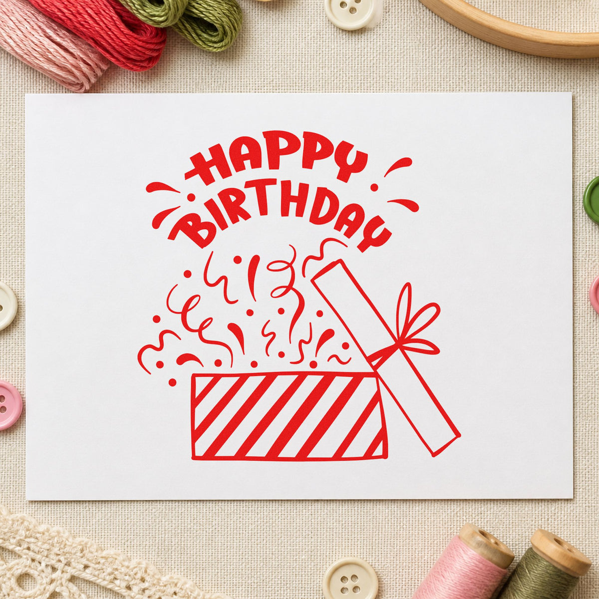 Birthday Open Gift Confetti craft stamp imprint in red ink on a handmade project, one idea being gift note cards.