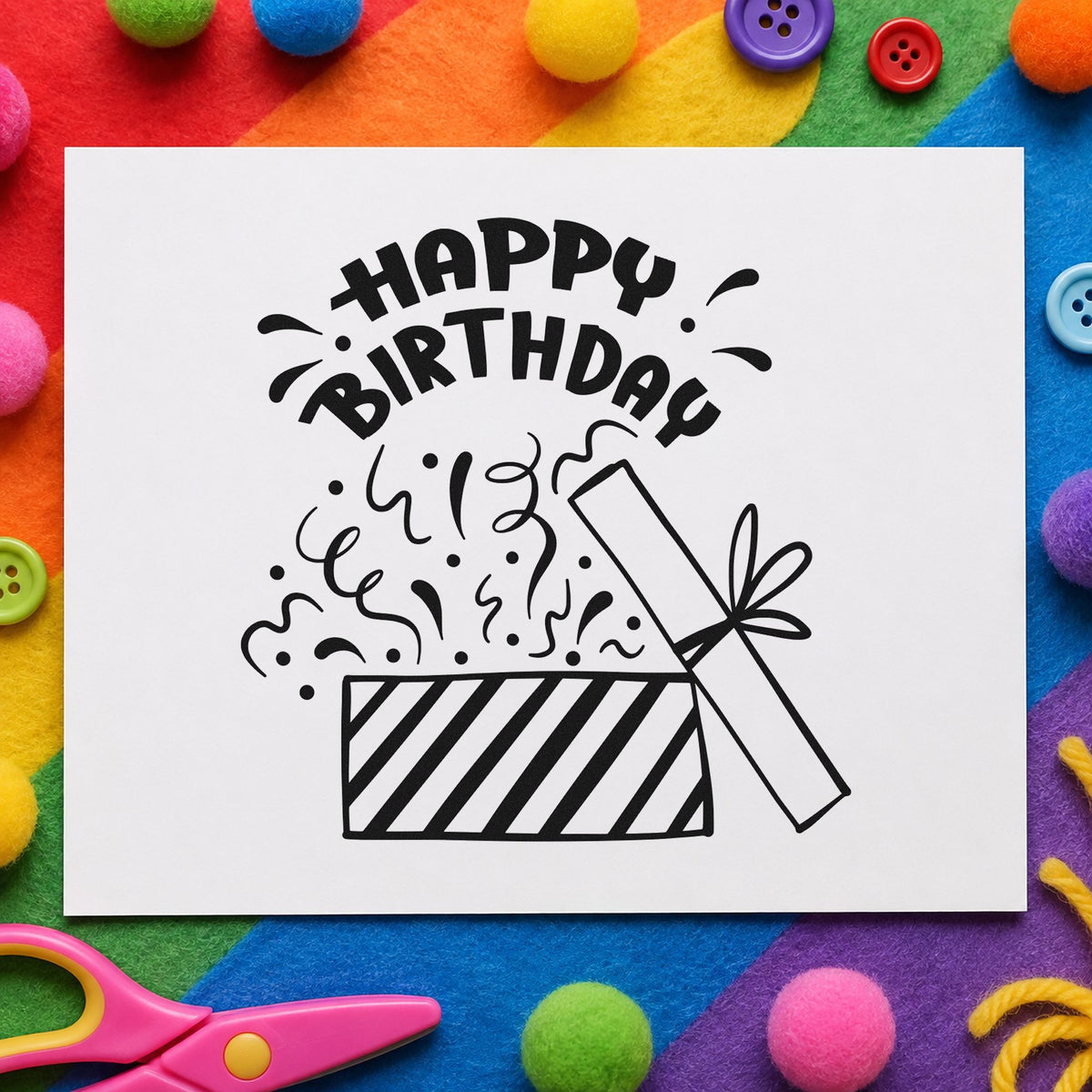Birthday Open Gift Confetti rubber stamp printed in black ink, ready for bursting box cards and similar paper crafts.