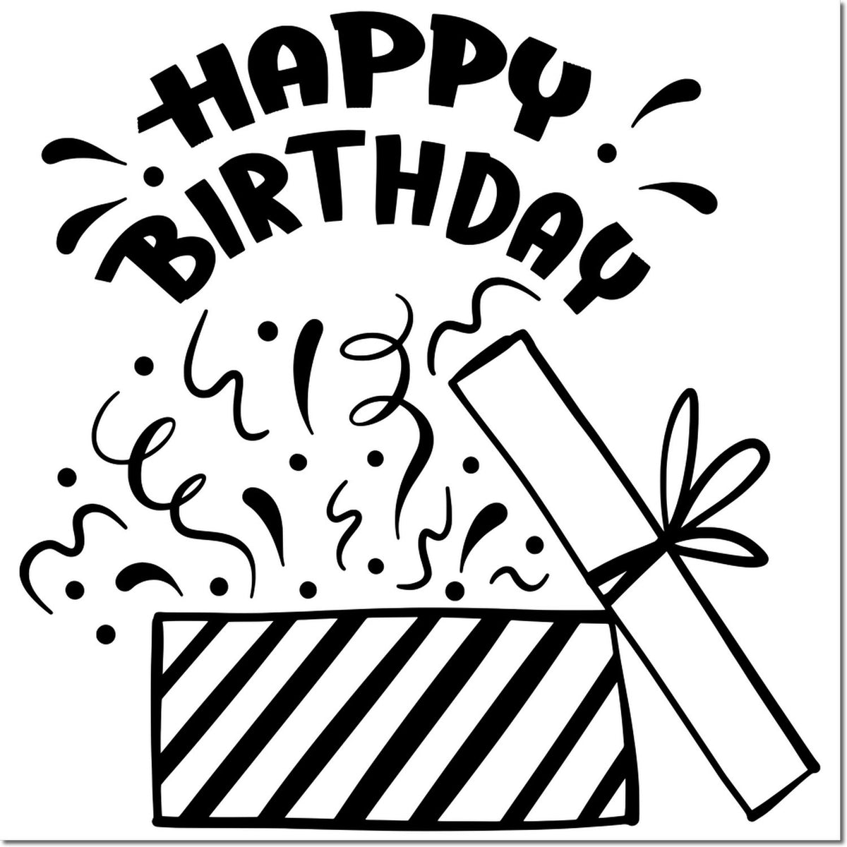 Black birthday stamp design with Happy Birthday, confetti, striped gift box, and party popper on white background.