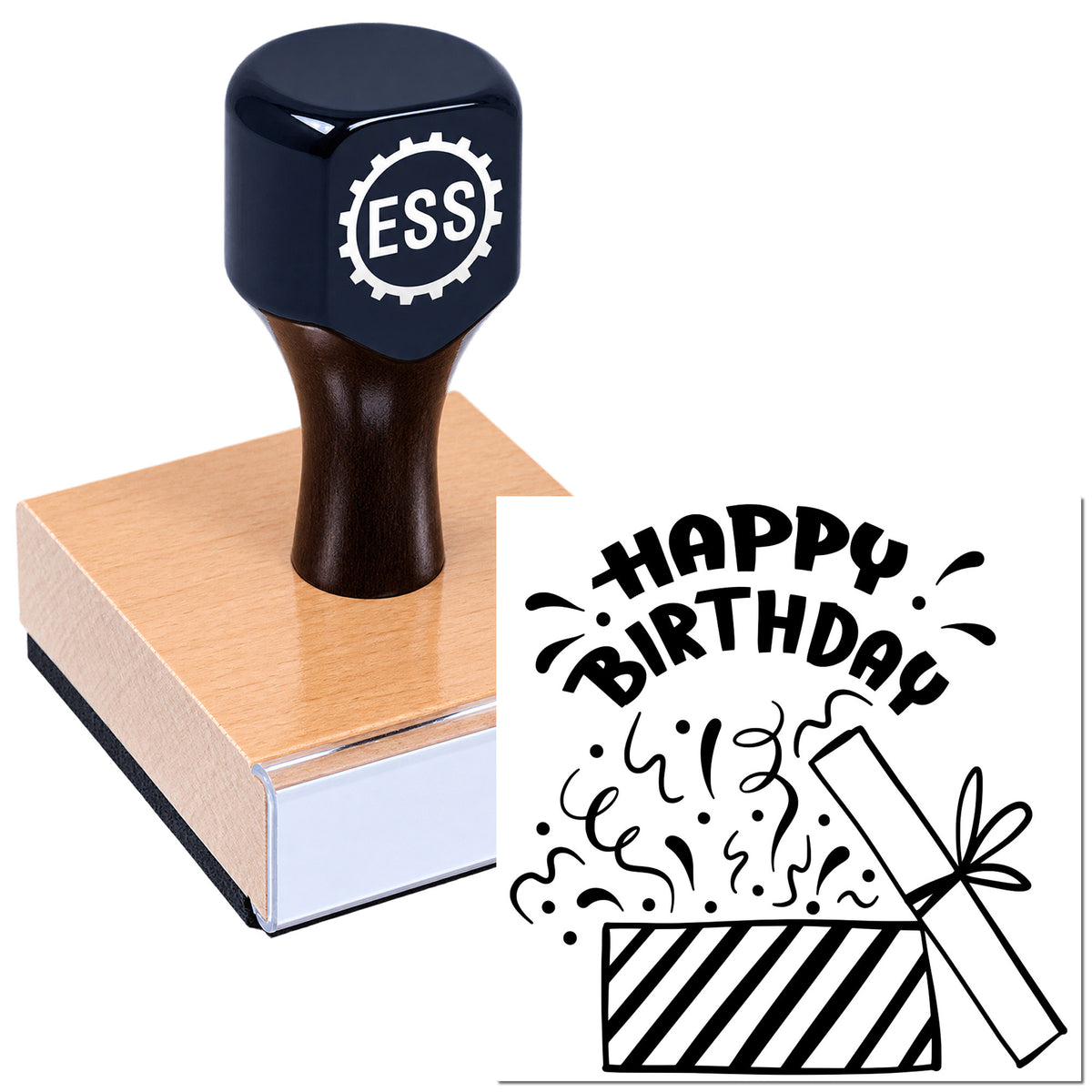 Dark navy ESS custom stamp on a peach seal block with black Happy Birthday gift graphic.