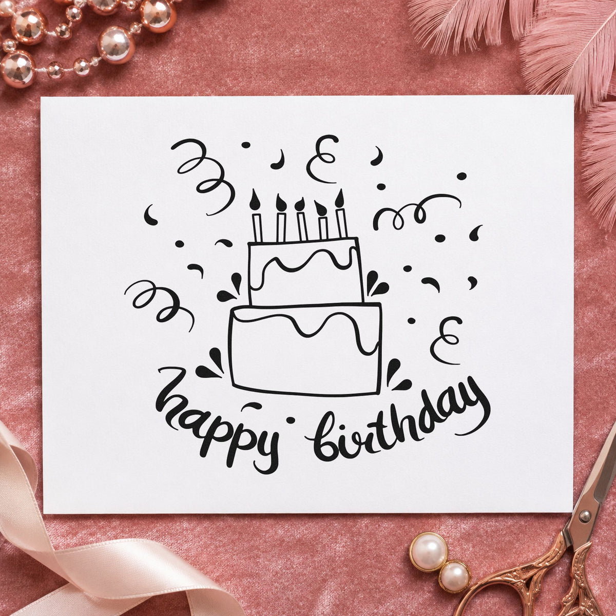 Birthday Tiered Candle Cake craft stamp in black ink on cardstock, an easy option for sixteenth album page.