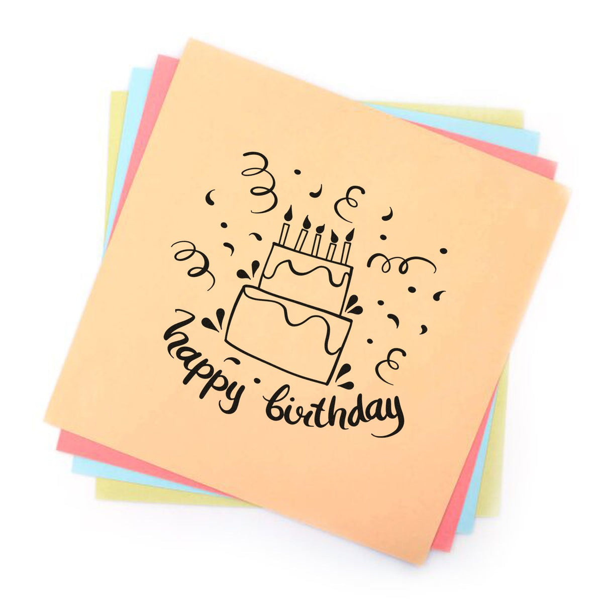 Pastel birthday stamp and seal set with black cake graphic, happy birthday text, and stacked pink, blue, yellow sheets.